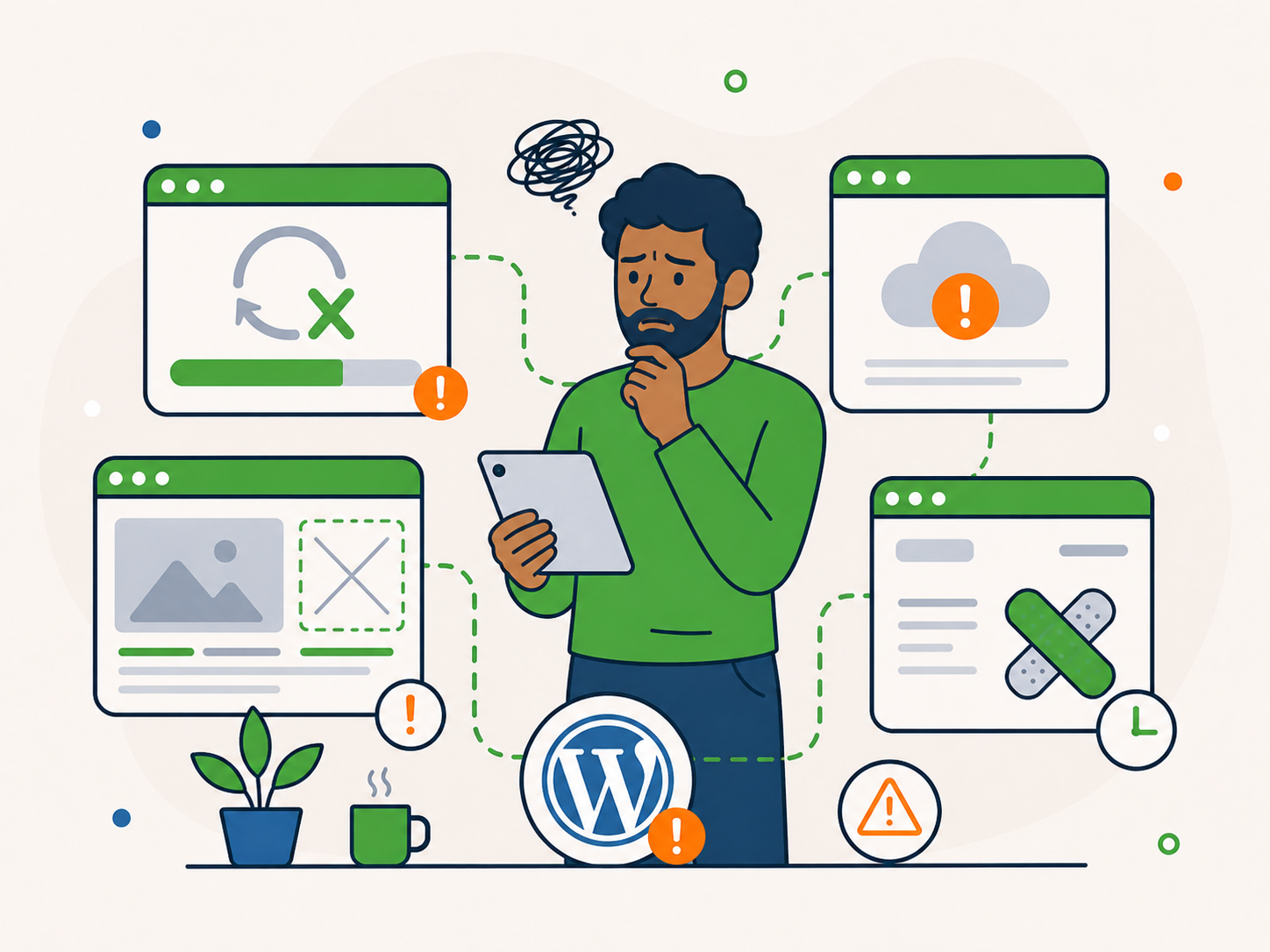 Illustration of a worried man holding a tablet while panels show failed updates, outages, broken pages, and patchy fixes causing concern about website reliability.