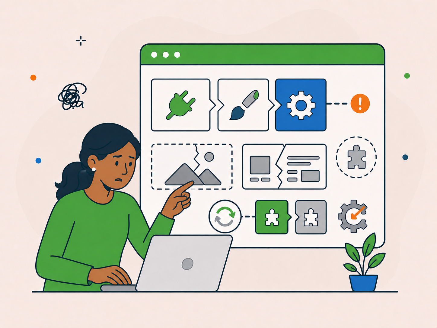 Illustration of a concerned website owner looking at a WordPress-style screen with plugin, theme, gear, puzzle piece, sync, and warning icons showing compatibility issues.