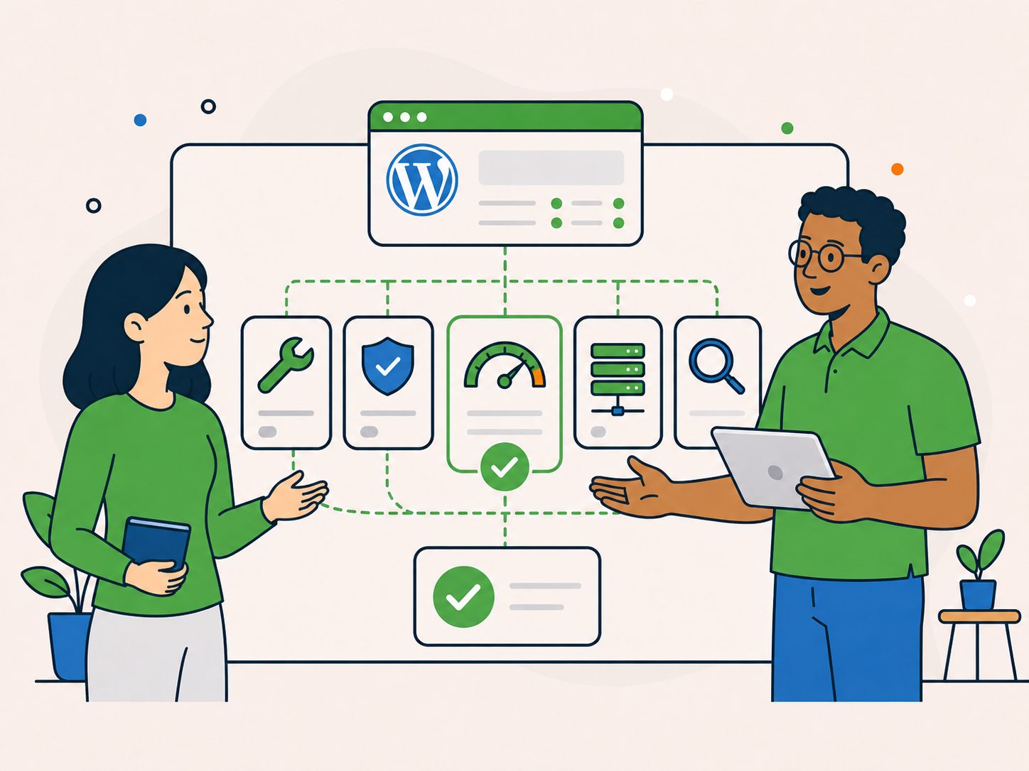 Newt Labs adviser presenting practical WordPress support options including maintenance, security, performance, hosting and an audit.