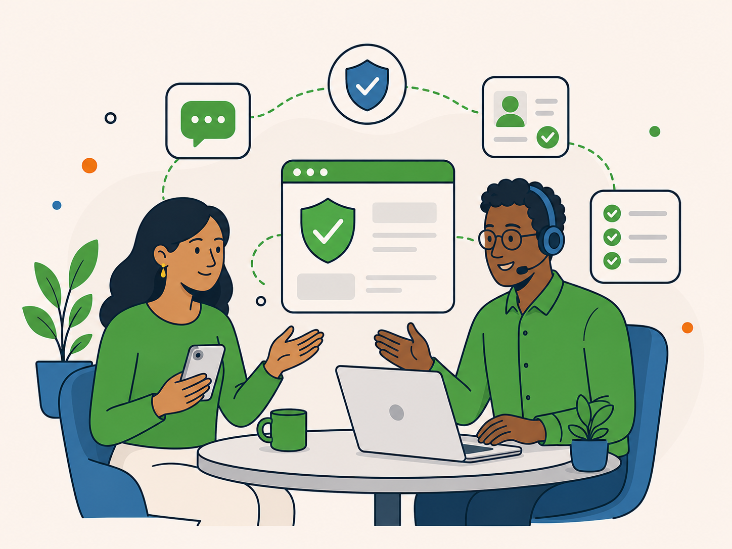 Illustration of a customer contacting Newt Labs about privacy, speaking with a support adviser while security, identity verification, and checklist icons show a clear and trustworthy privacy support process.