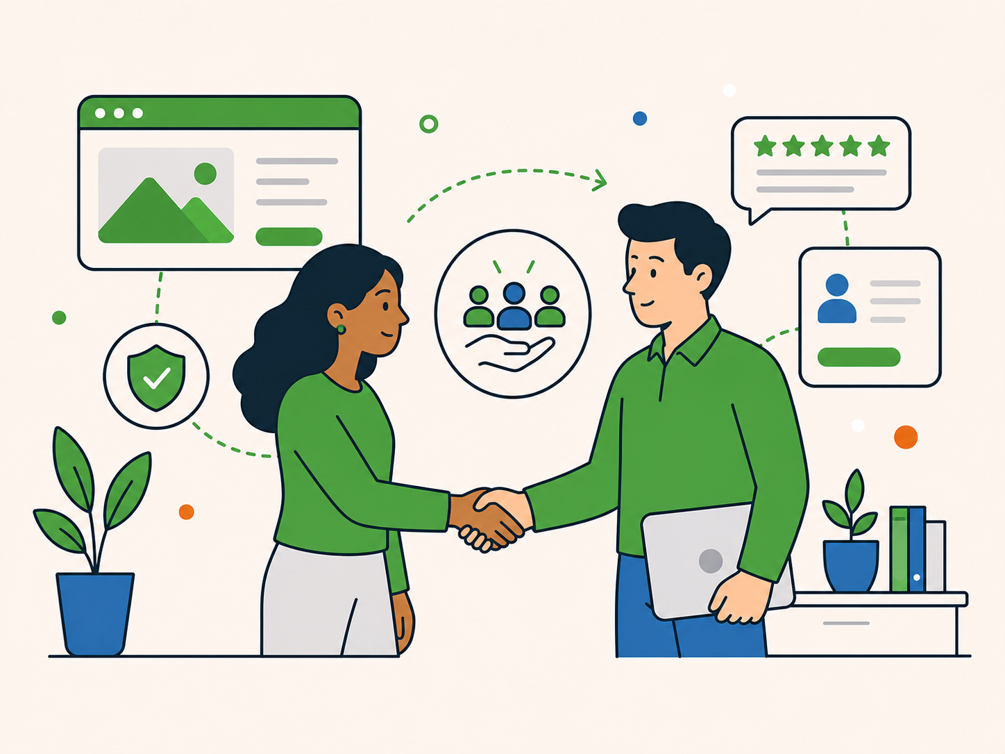 Two business owners shaking hands beside client care and security icons, representing a trusted handover.
