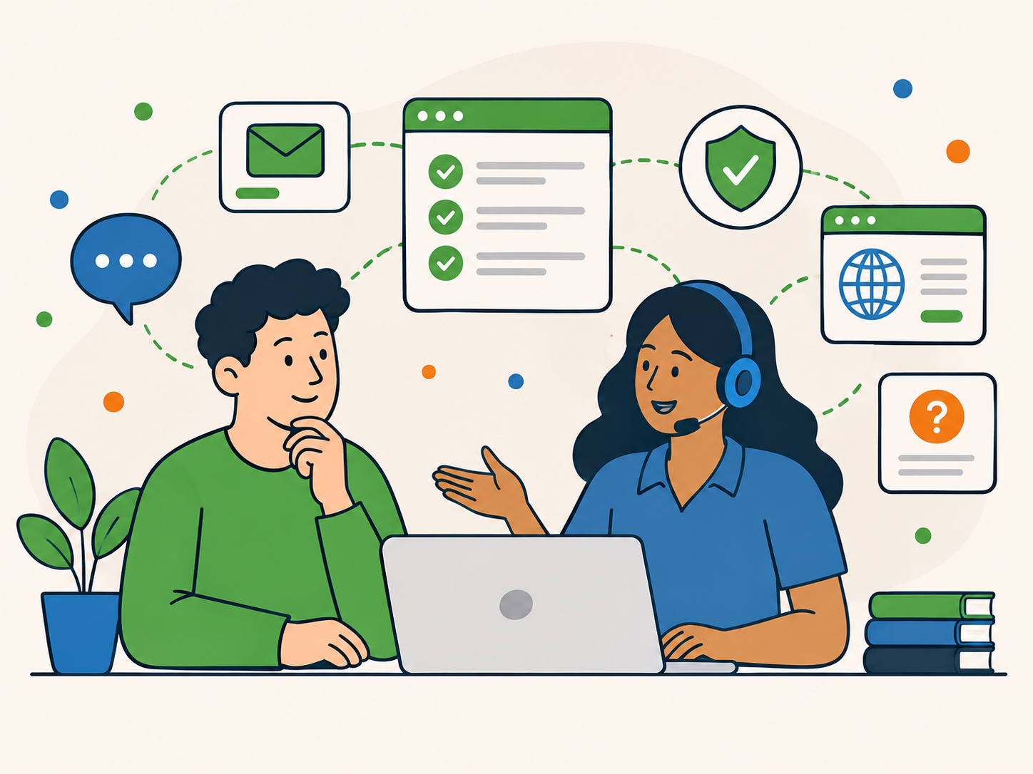 Illustration of a customer speaking with a Newt Labs support specialist, surrounded by contact, checklist, security, website, and question icons representing clear guidance on service terms.