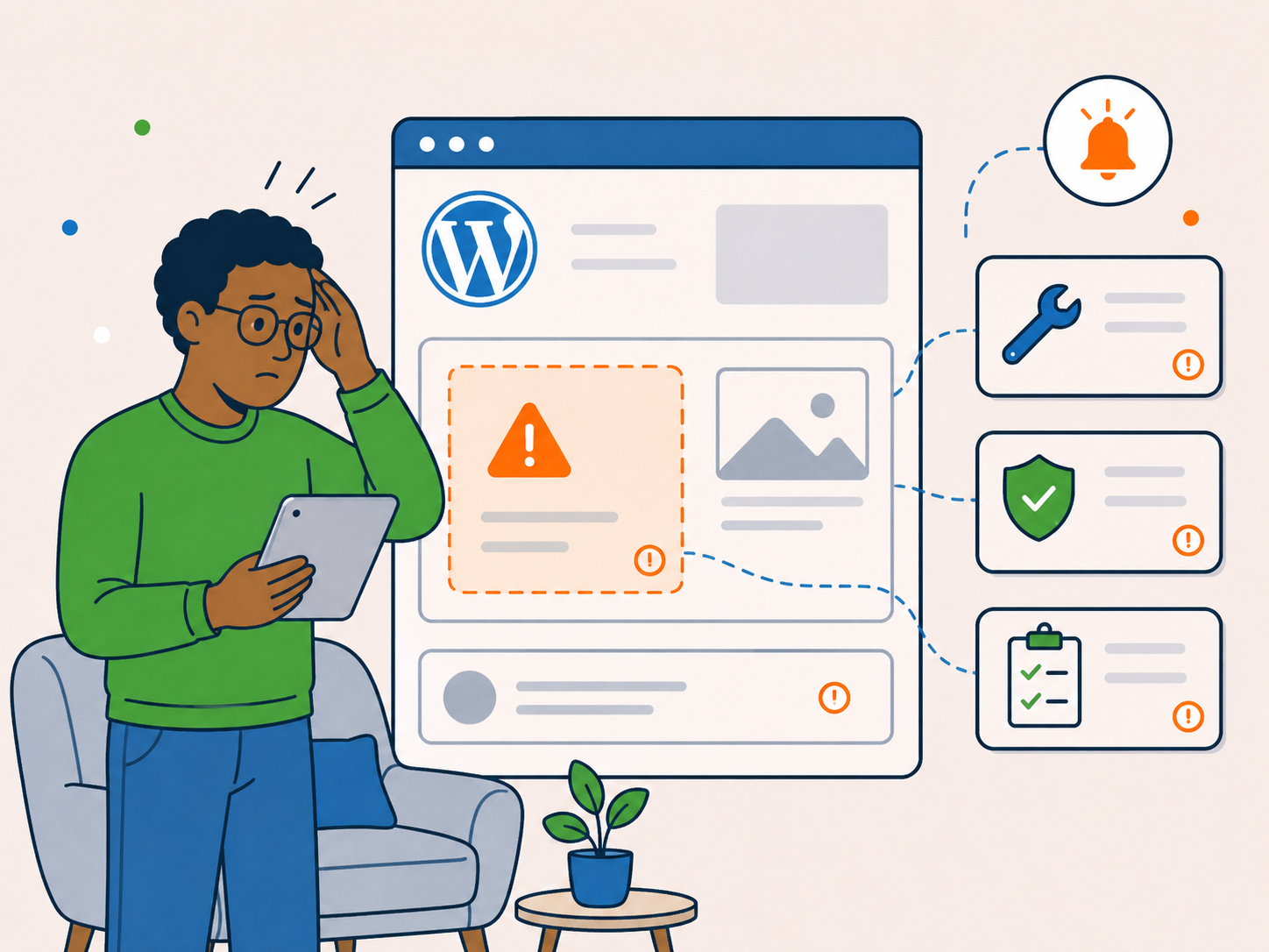 Concerned website owner responding to WordPress warnings and support issues only after problems appear.