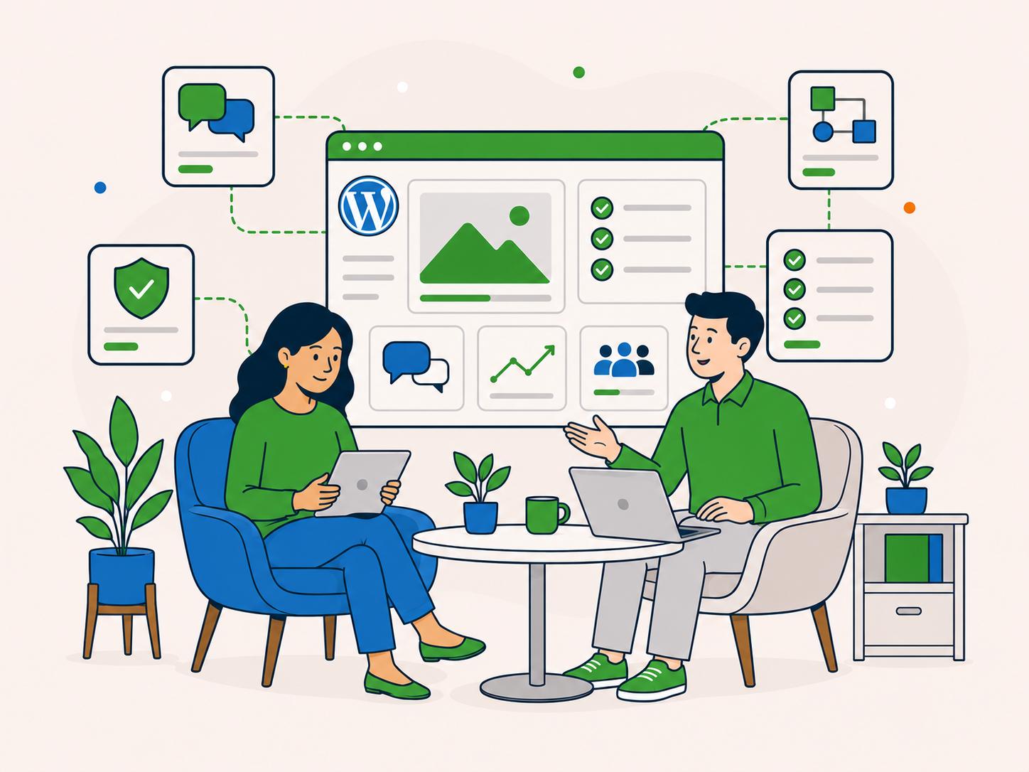 Illustration of two people having a calm WordPress support partnership discussion with laptops, a tablet, and a shared dashboard showing communication, planning, and ongoing support.