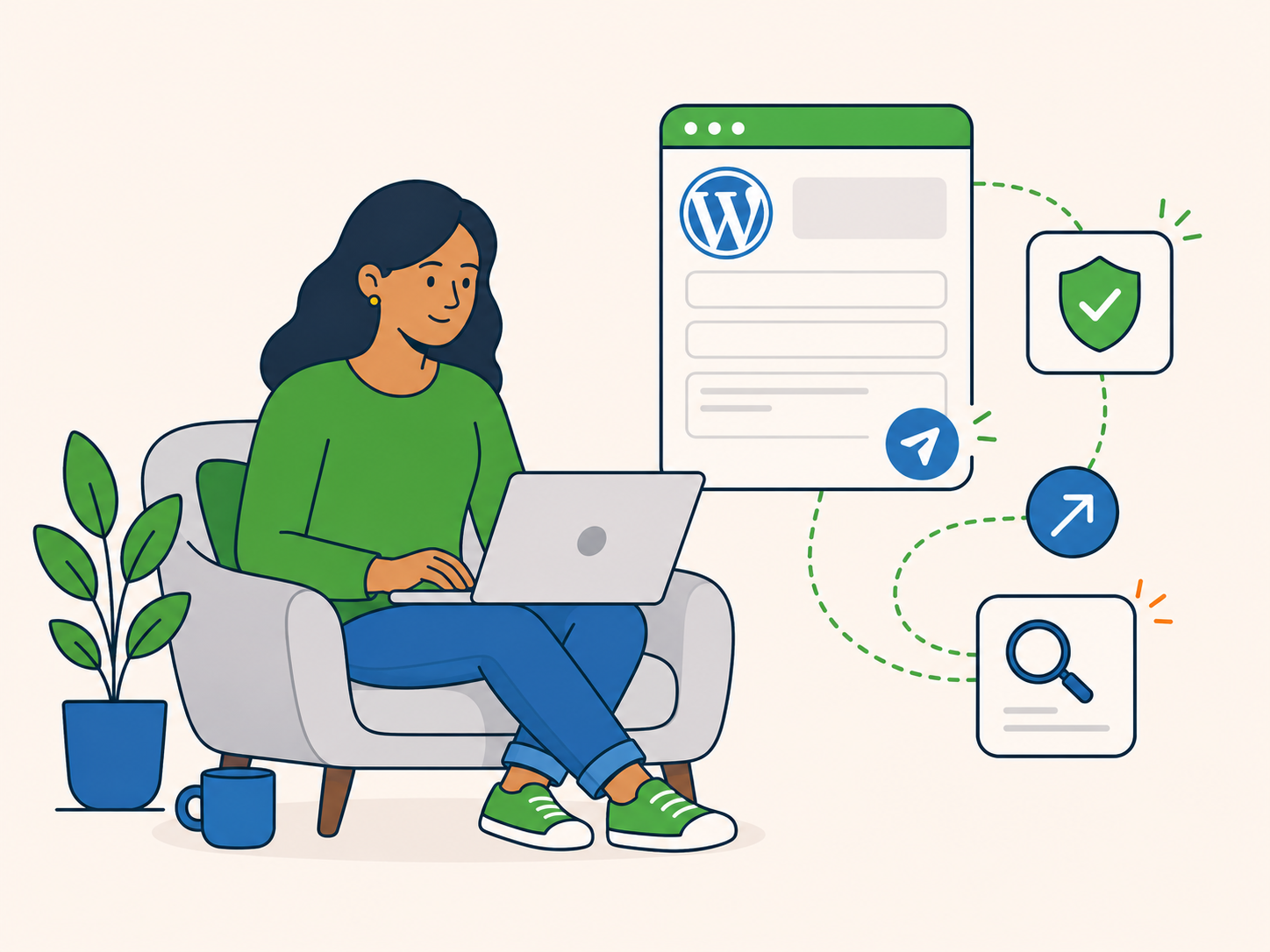 Illustration of a customer sending a WordPress support enquiry, with a form, send icon, review icon, and trust symbol showing the next step will be reviewed clearly.