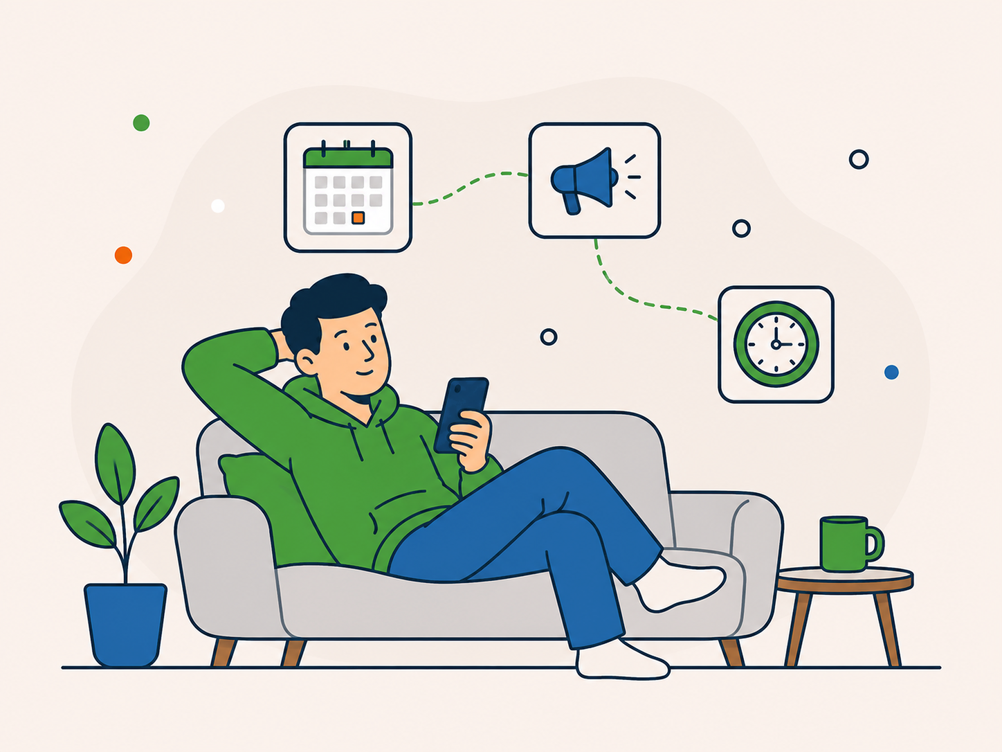 Illustration of a relaxed man sitting on a sofa checking his phone, with simple calendar and reminder icons around him, showing a website problem being delayed until later.