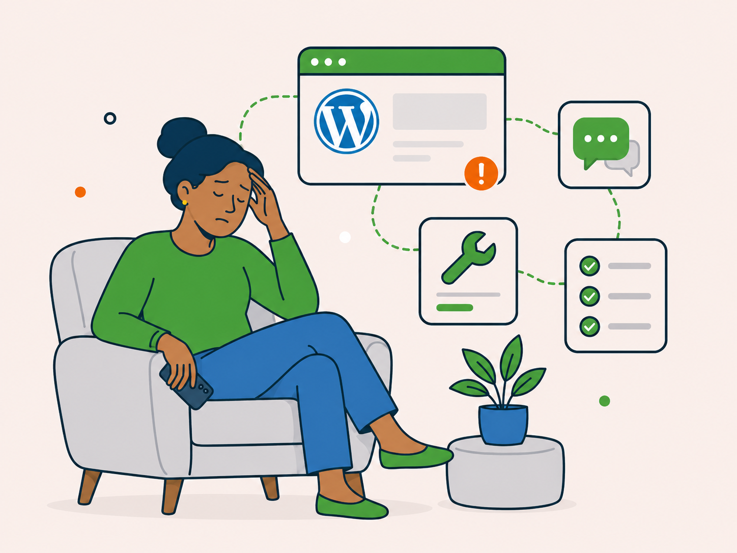 Illustration of a tired woman sitting in a chair with her hand on her forehead, holding a phone while website support icons appear around her, showing frustration and reluctance to deal with another website headache.