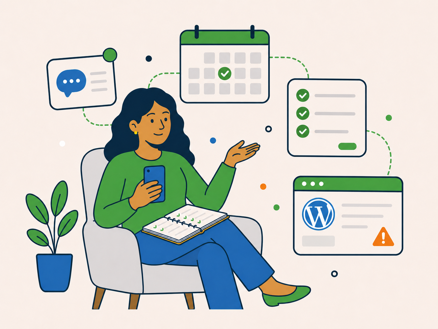 Illustration of a woman holding a phone and open planner while juggling tasks, with a small website warning in the background, showing a problem being downplayed as not serious enough yet.