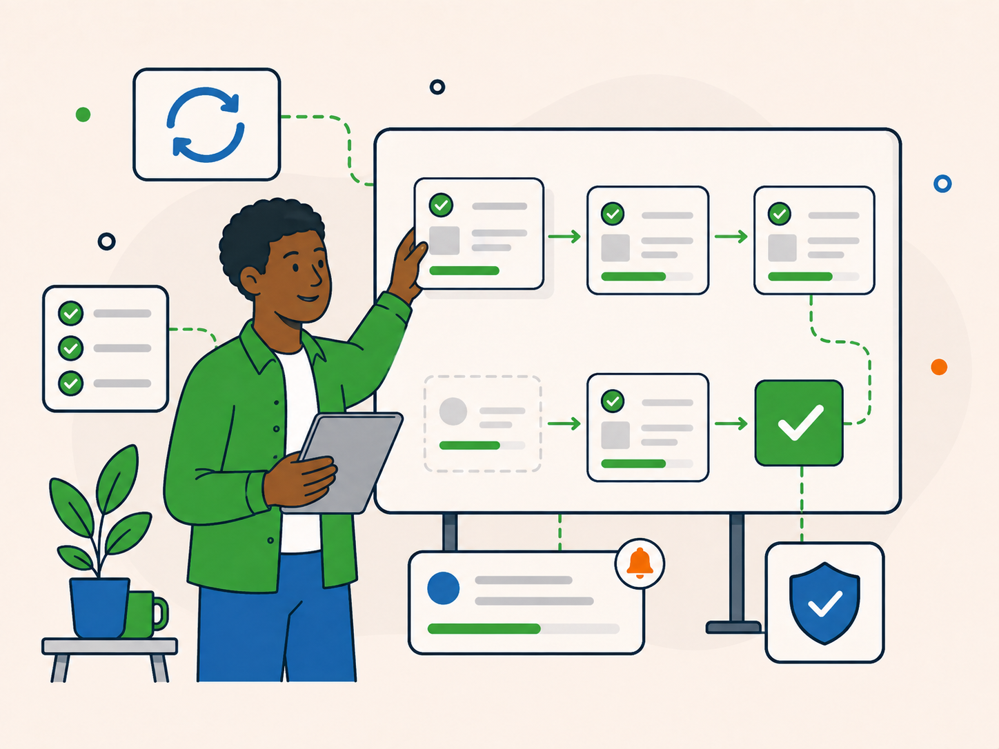 Team member tracking work through a clear workflow board, with checked steps, updates, notifications, and a completed outcome.