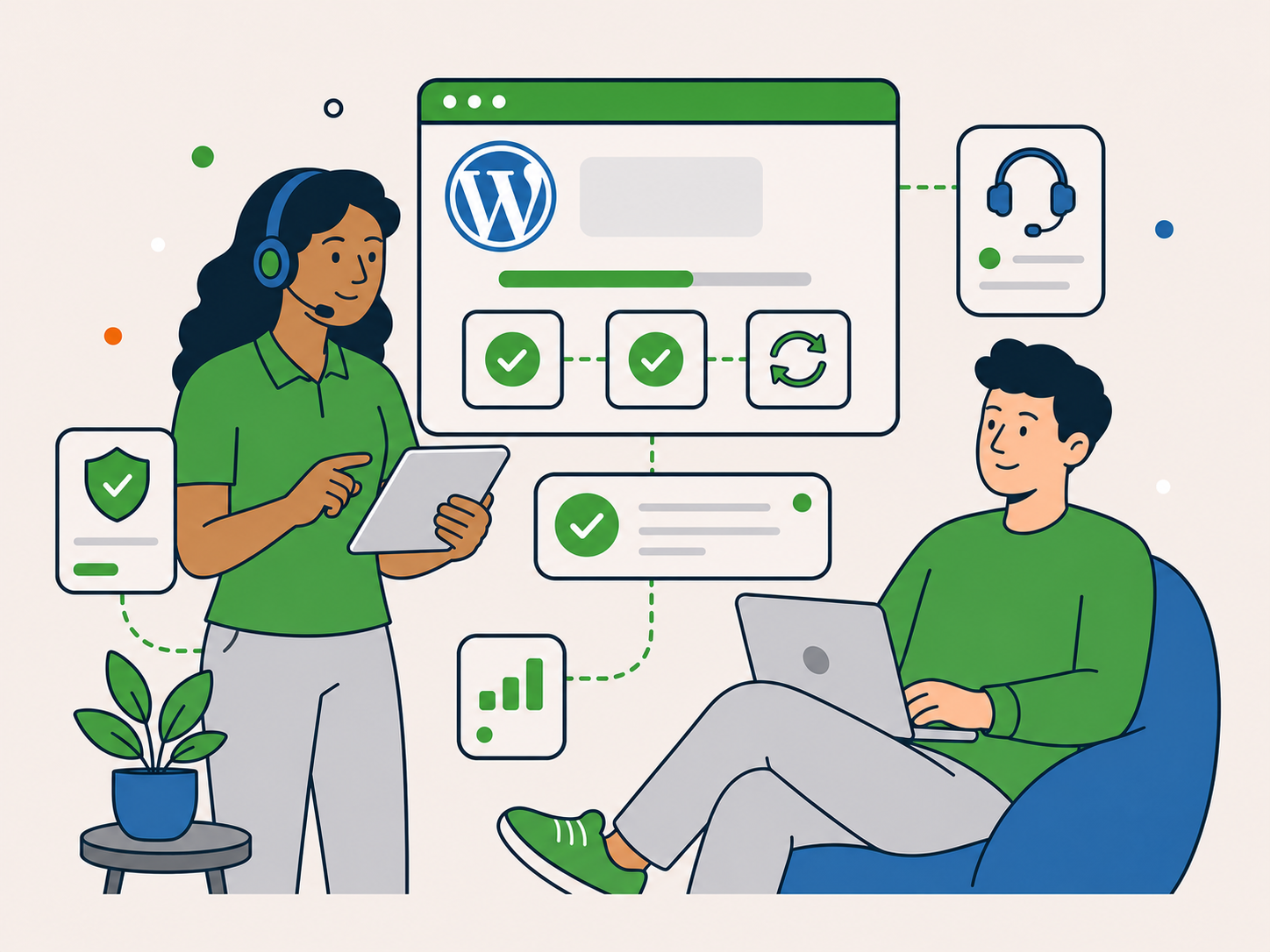 Newt Labs support specialist guiding a client through completed tasks and ongoing WordPress updates.