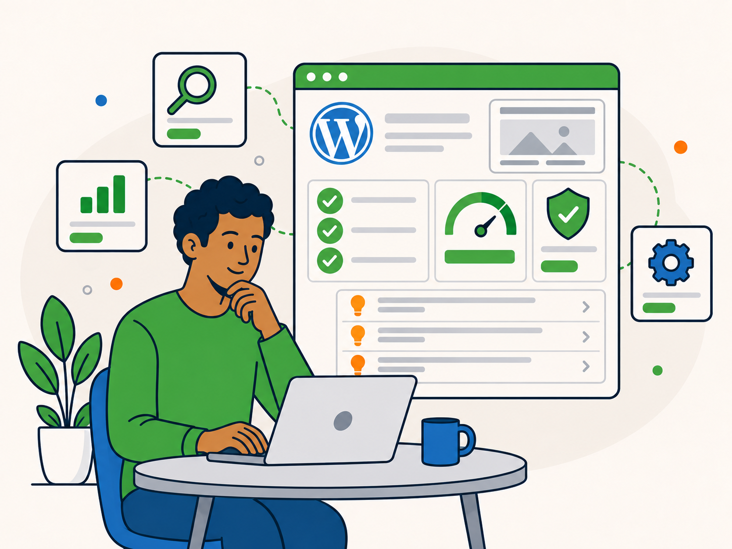 Website owner reviewing a WordPress audit dashboard with security checks, performance results and recommendations for improvement.