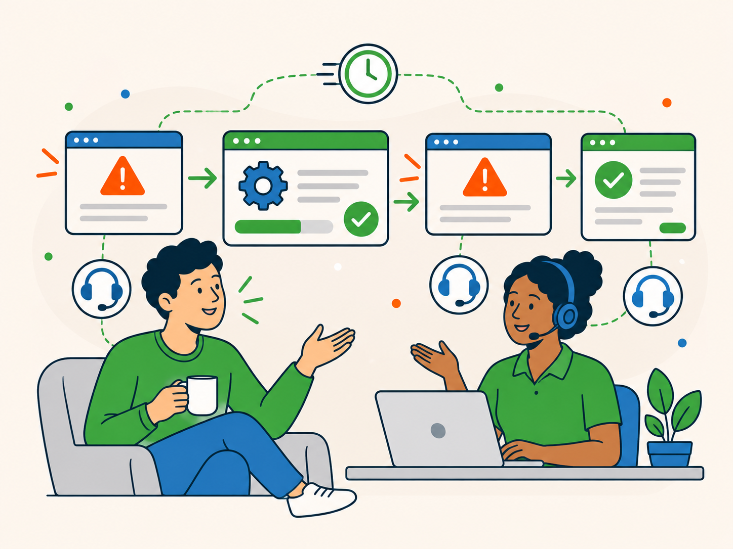 Illustration showing two website issues being resolved in sequence with prompt ongoing WordPress support.