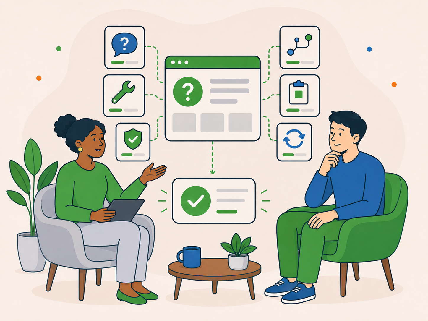 Customer discussing website support questions with a Newt Labs adviser, surrounded by connected cards representing different support options and a clear recommended next step.