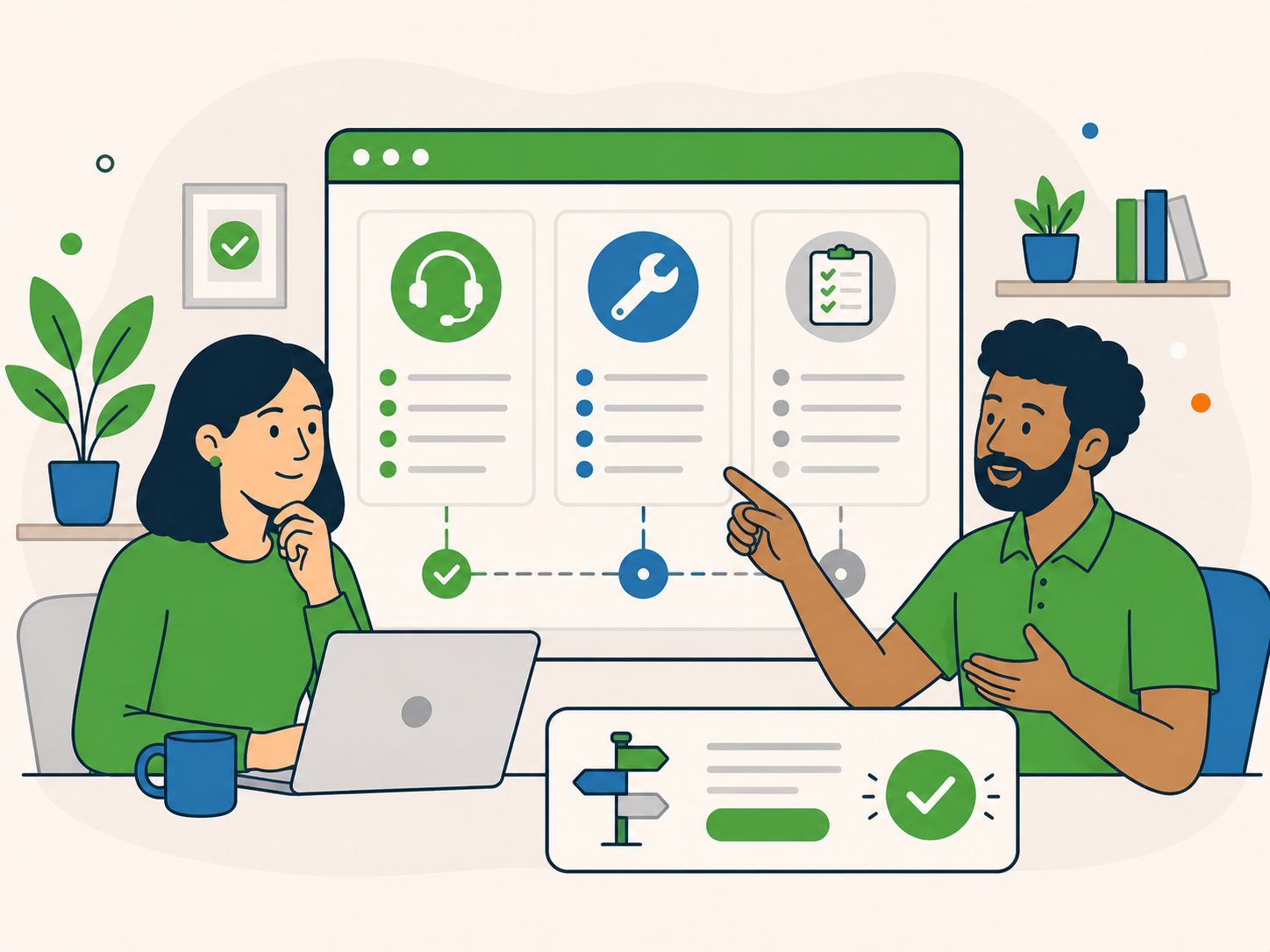 Business owner reviewing website support options with a Newt Labs team member, alongside a clear service guidance dashboard showing different routes and next steps.