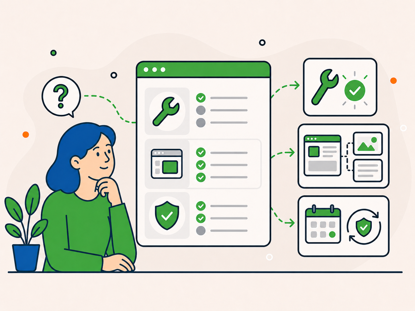 Illustration of a website owner reviewing a scope guide that helps match WordPress issues, defined tasks, larger projects, and ongoing care to the right support route.
