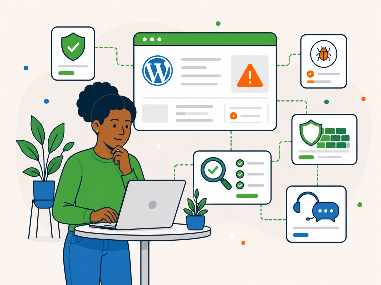 Illustration of a woman using a laptop beside a WordPress security dashboard with warning, malware scan, protection, and support panels.