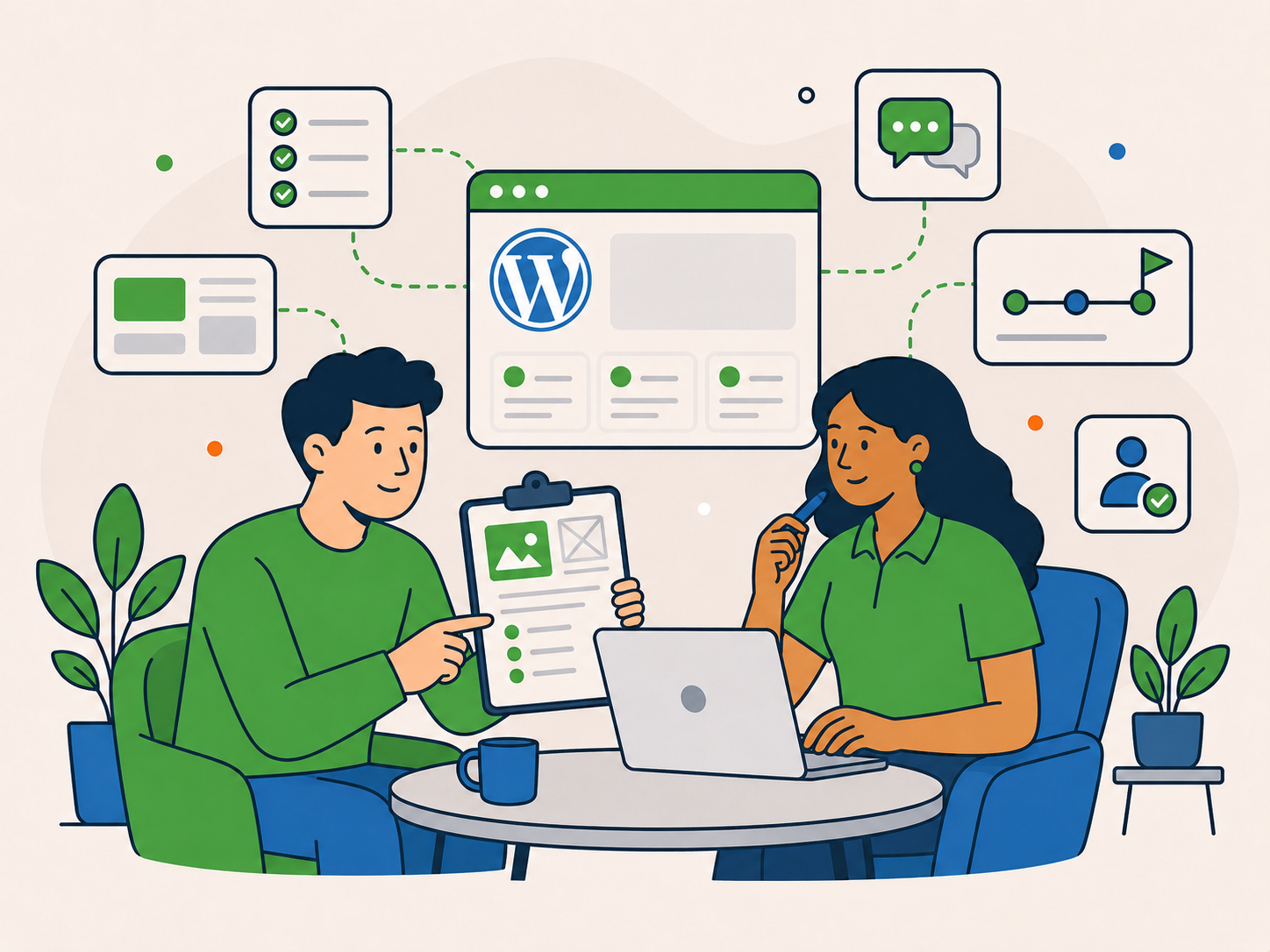 Website owner and WordPress specialist reviewing a project brief together and planning the next steps.