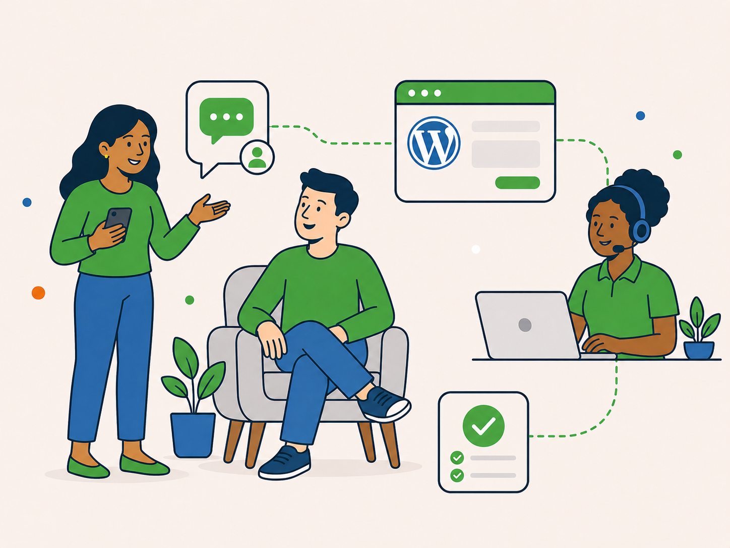 Simple affiliate referral process showing an introduction, Newt Labs WordPress support and a completed outcome.