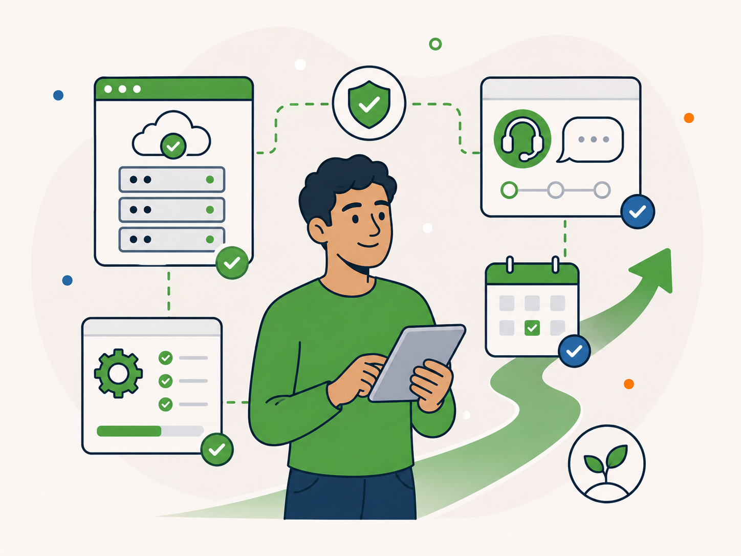 Illustration of a calm man using a tablet while connected hosting, support, maintenance, security, and scheduling panels show a simpler way to manage a website.