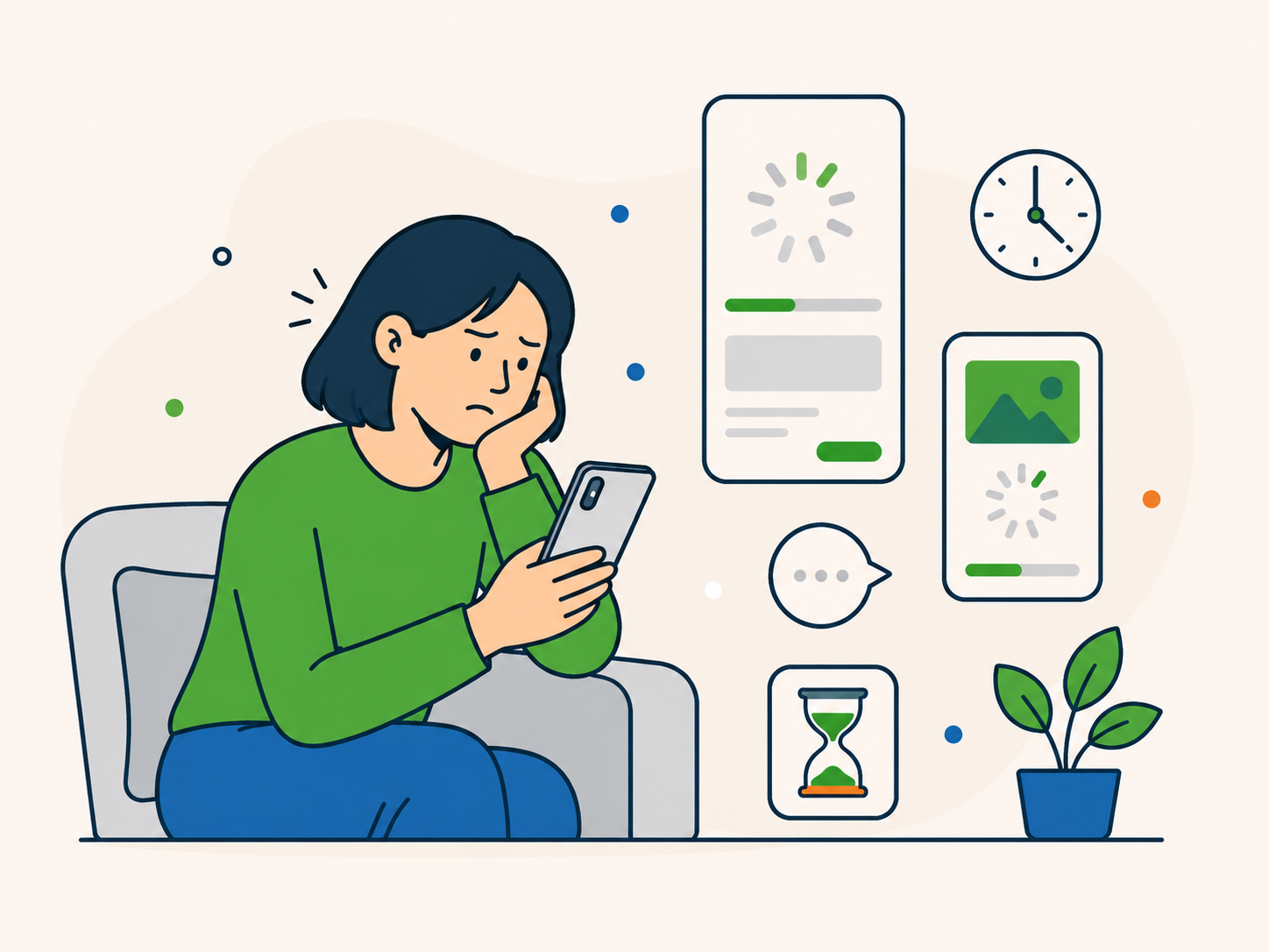 Person using a smartphone while waiting for slow mobile pages to load, with loading, clock, and hourglass icons showing a frustrating mobile browsing experience.