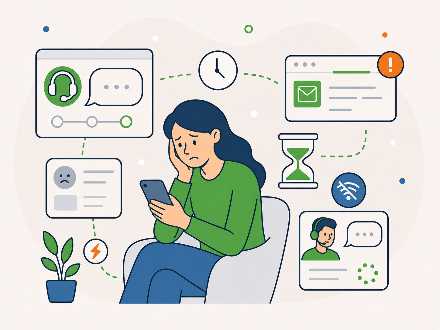 Illustration of a frustrated woman waiting for website support, surrounded by help desk, email, loading, and delay icons.