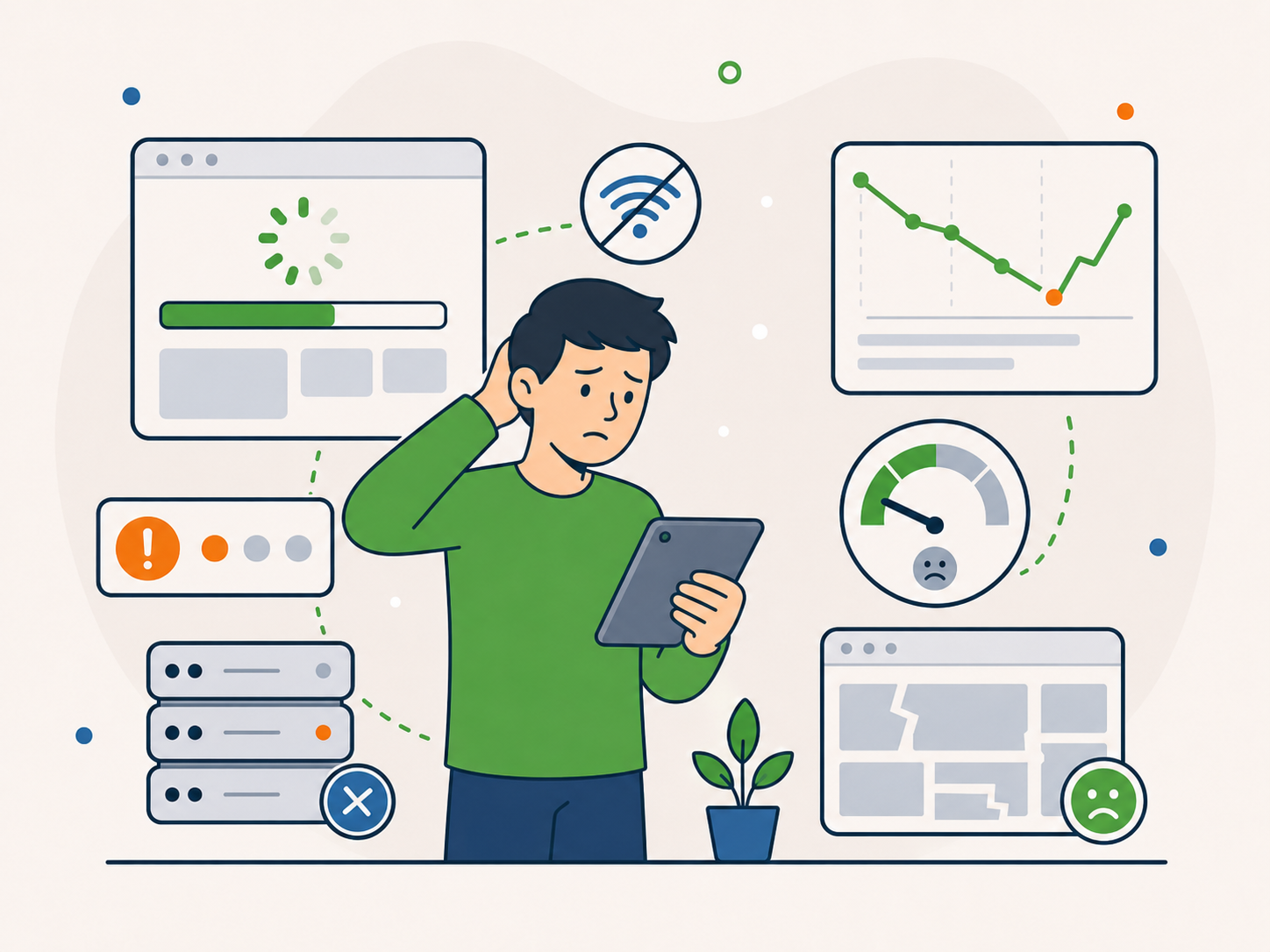 Illustration of a worried man looking at a tablet while website panels show loading delays, downtime, poor performance, and unstable site issues.