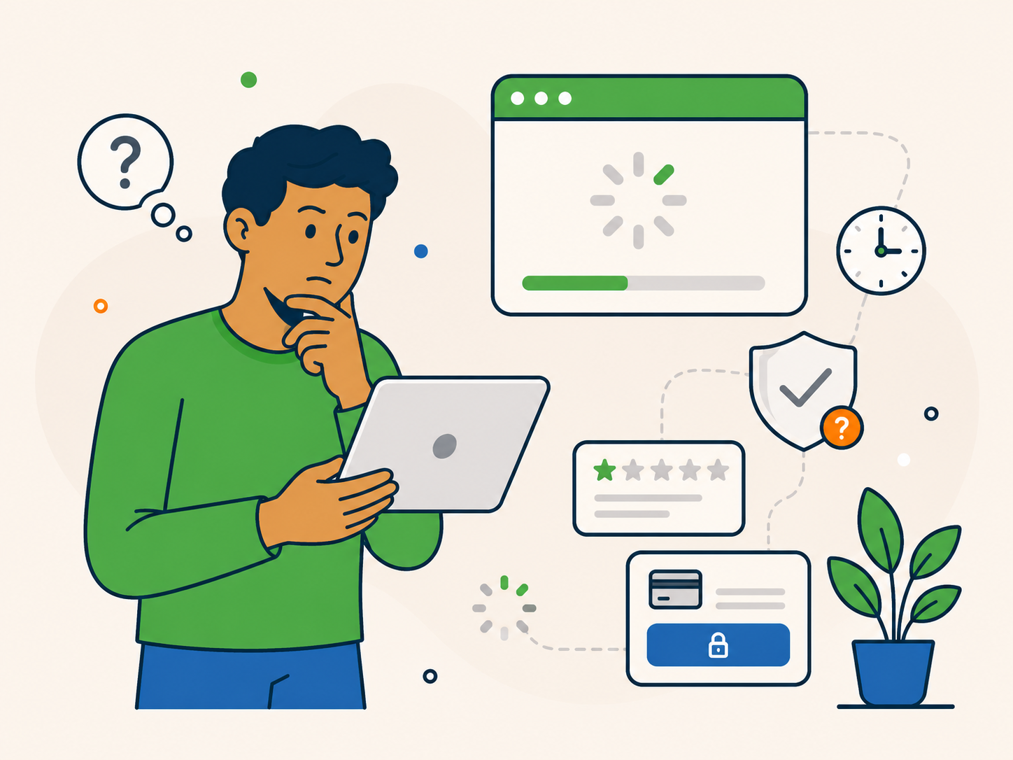 Person looking at a slow website on a laptop, with loading, review, checkout, and security icons showing how poor performance can make a site feel less trustworthy.