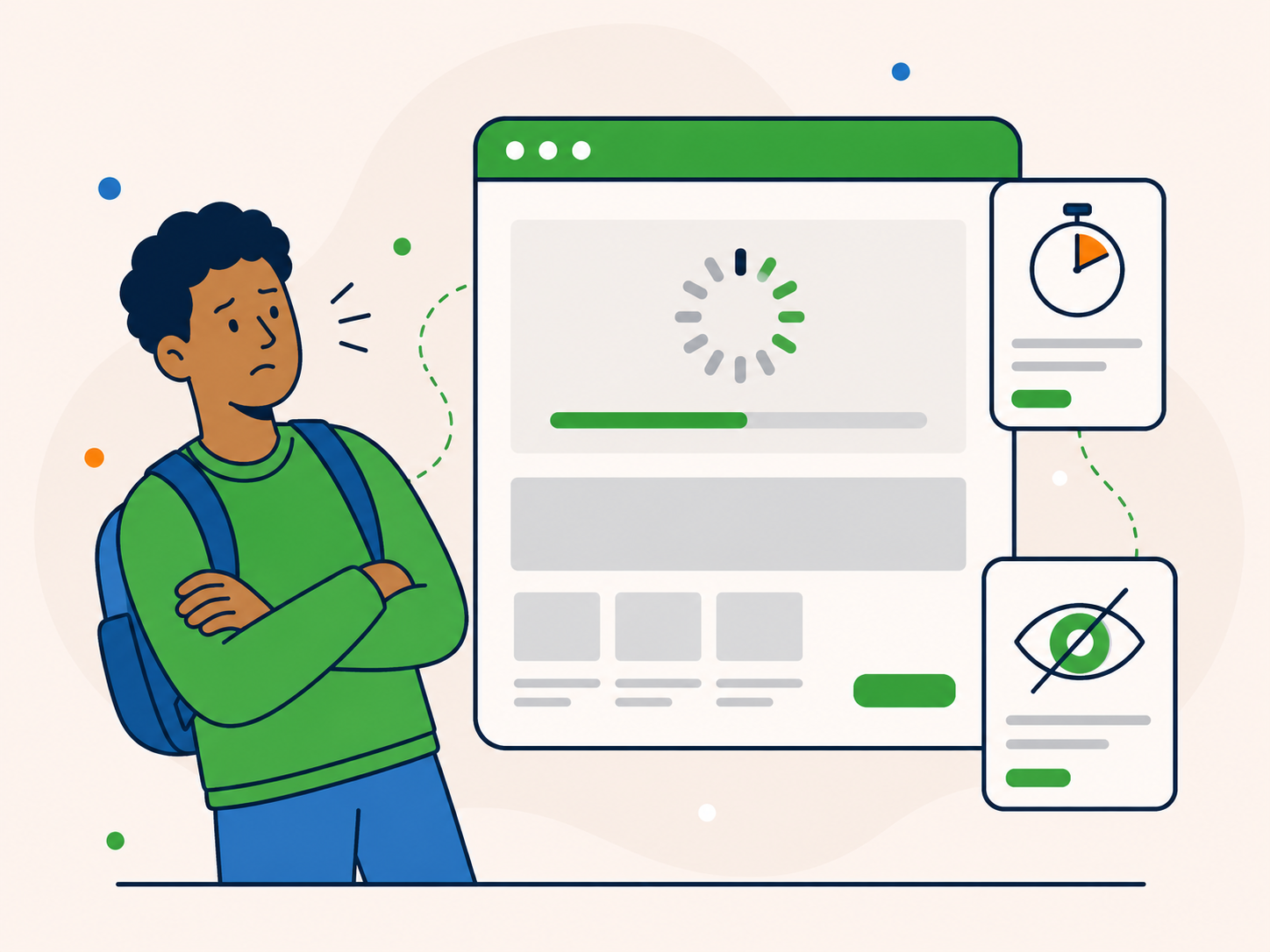 Visitor reacting to a slow-loading homepage, with delayed content, loading progress, and first impression icons showing how poor speed can weaken the message.