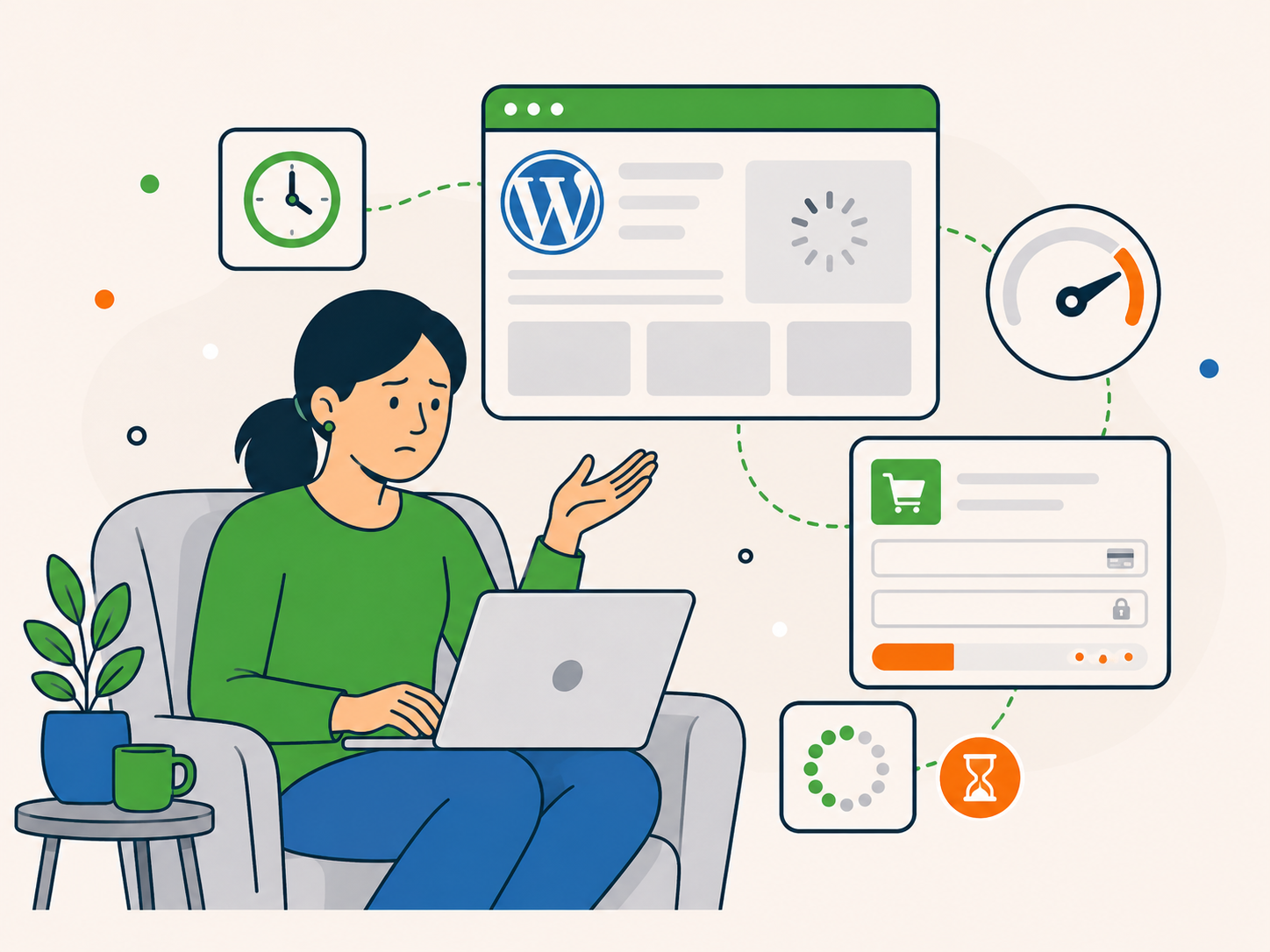 Concerned website owner using a laptop while slow-loading WordPress, checkout, loading spinner, clock, and speed gauge icons appear around them, showing a one-time support enquiry for a slow website.