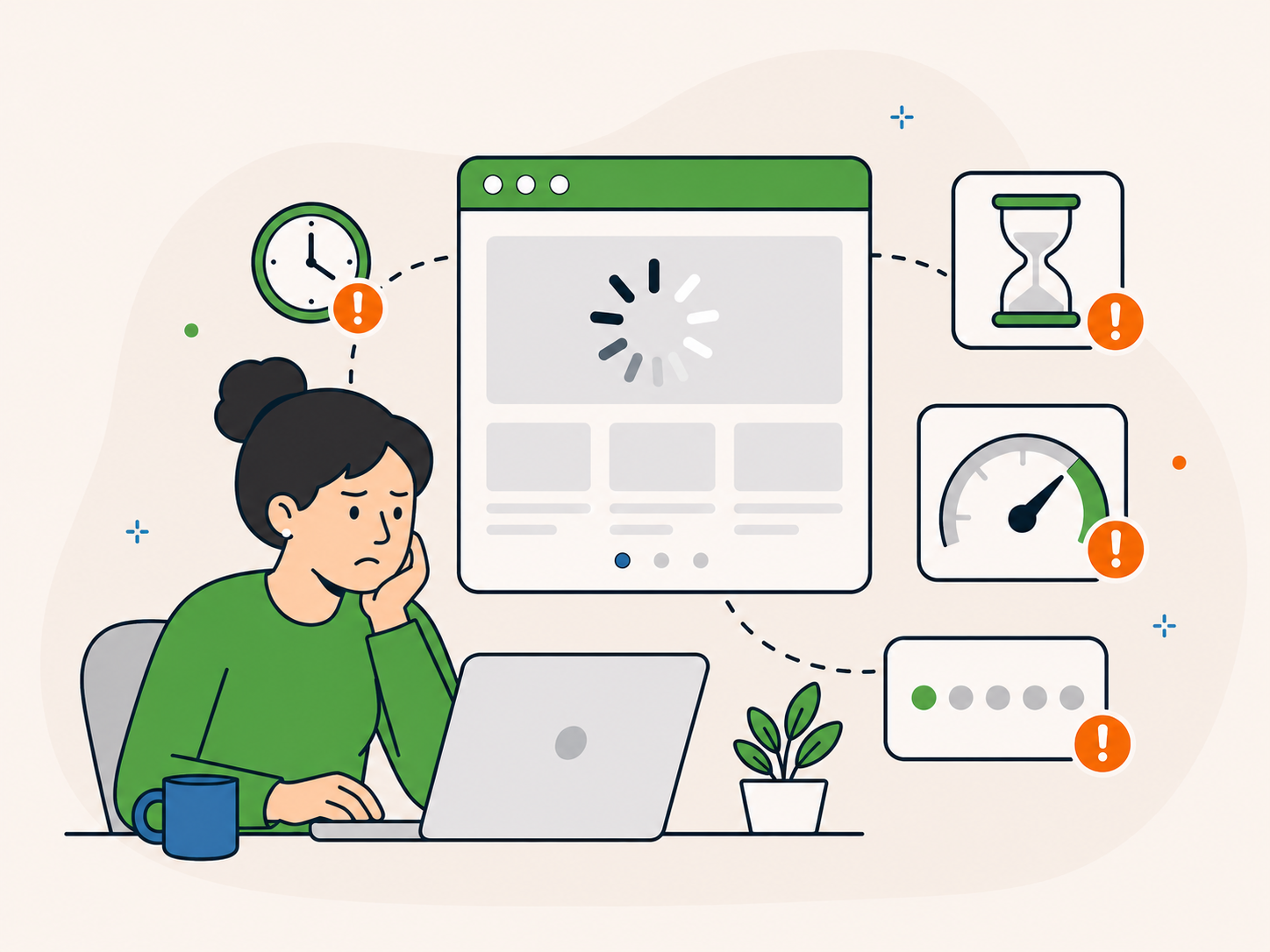 Illustration of a frustrated website owner waiting for a slow WordPress website to load, with clock, hourglass, speed, and loading indicators.