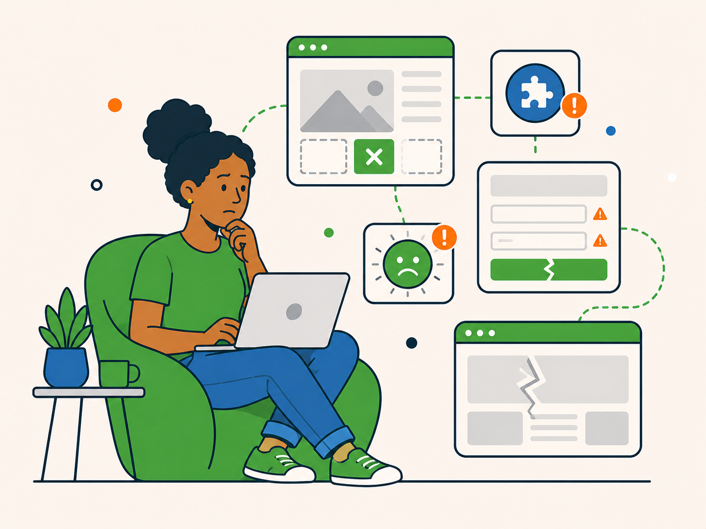 Concerned website owner looking at a laptop while broken WordPress page, form, plugin, and layout issues appear around them, showing a one-time support enquiry for something that is not working.
