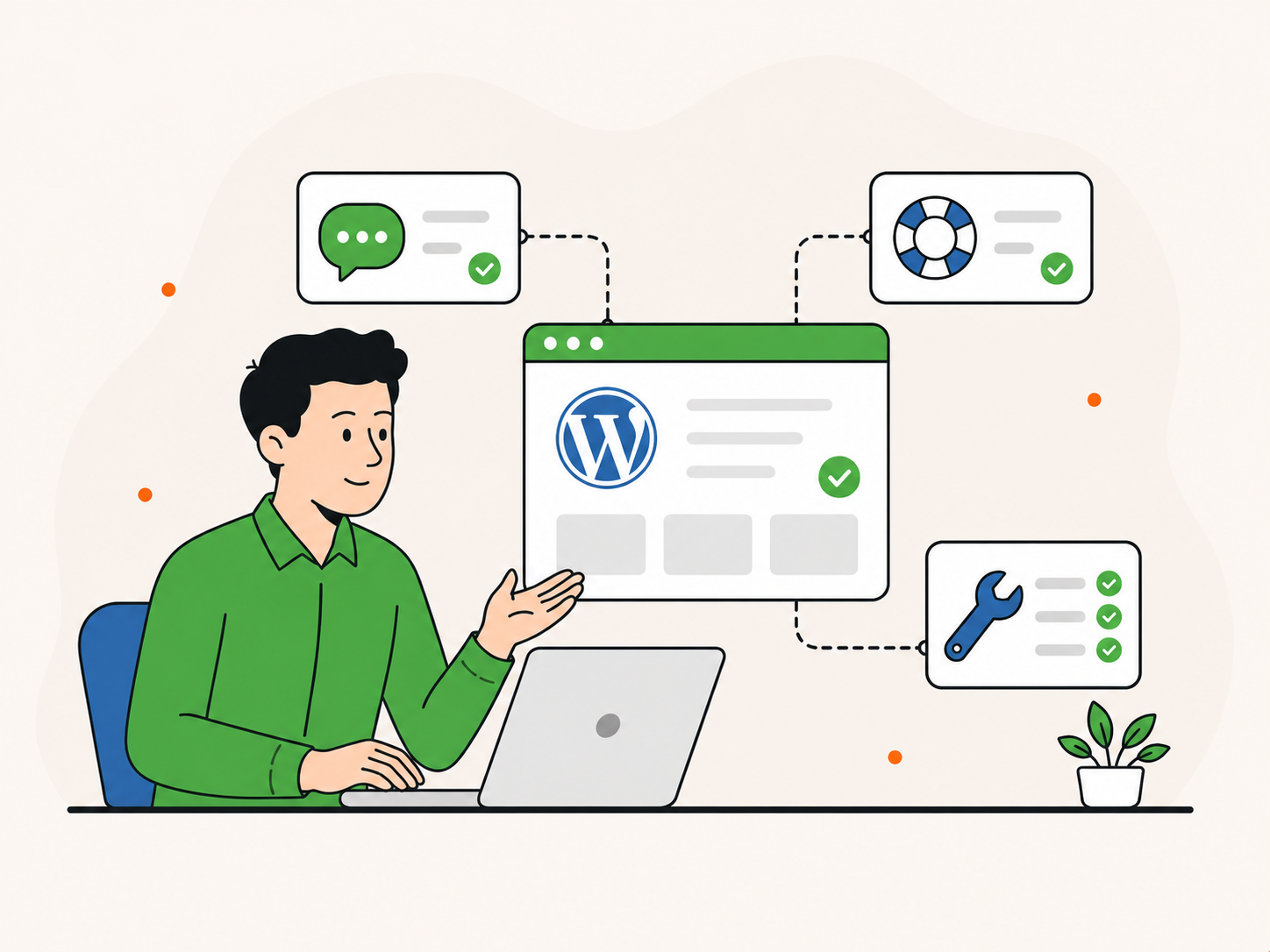 Illustration of a website owner reviewing a specific WordPress issue, with repair, checklist, and support icons showing one-off help for a clear task or problem.
