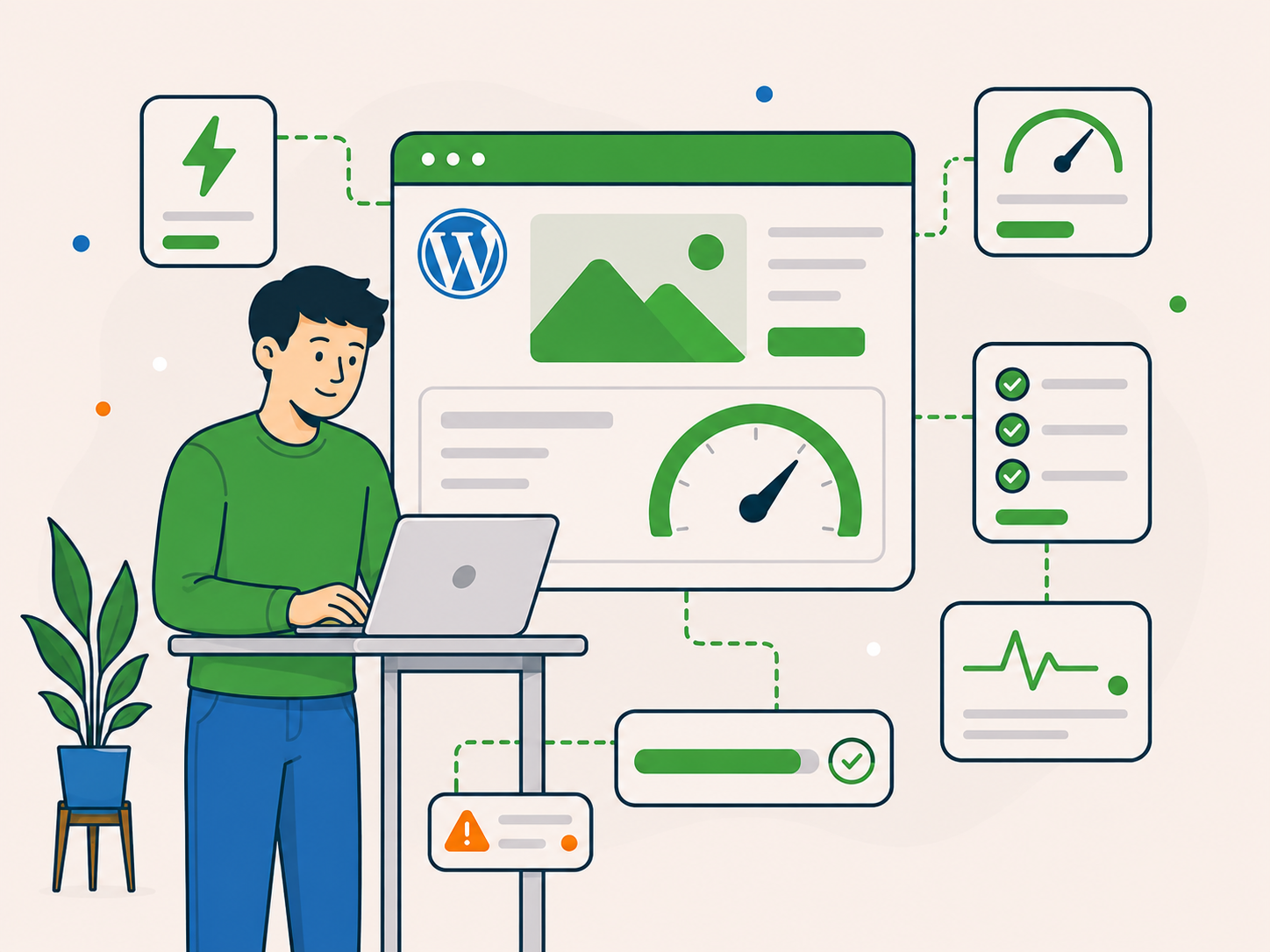Illustration of a person at a standing desk using a laptop beside a WordPress performance dashboard with speed gauges, monitoring panels, and progress indicators.