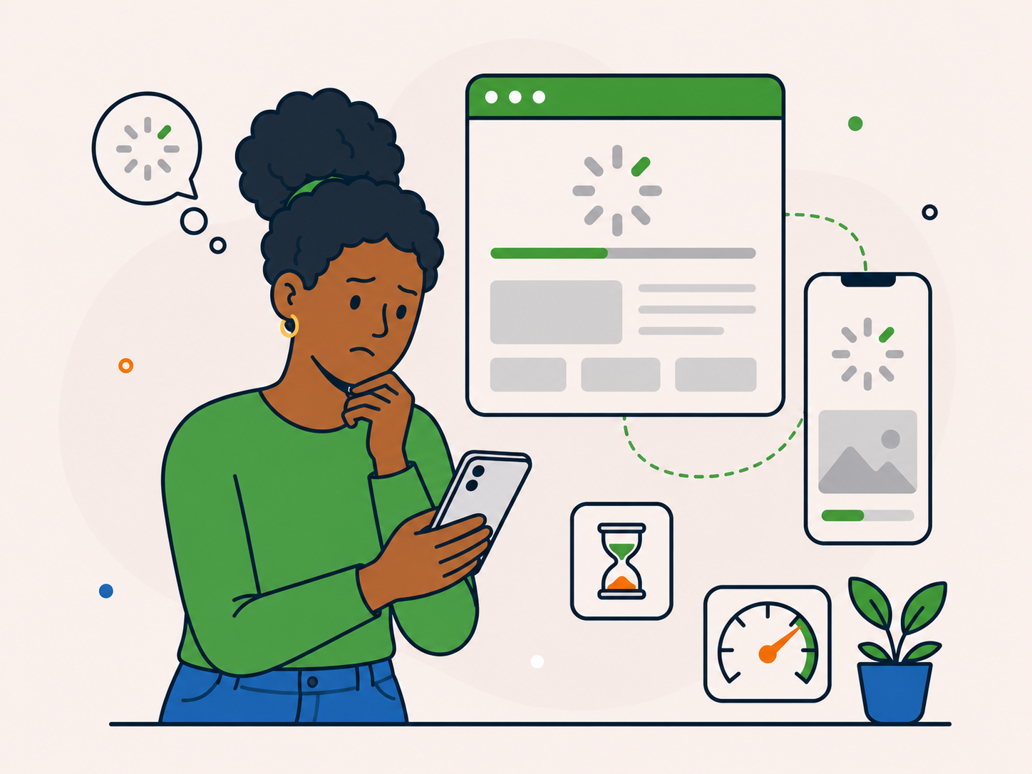 Person reviewing a slow-loading website on mobile and desktop with performance indicators.