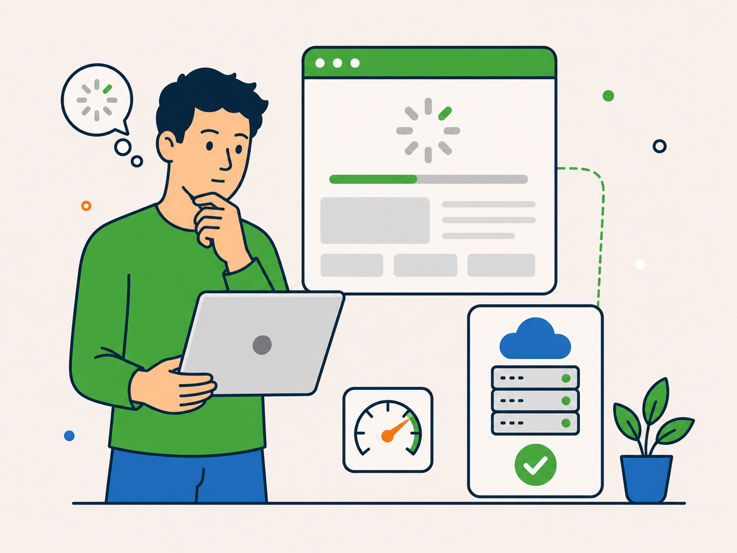 Person checking website speed alongside hosting and server performance icons.