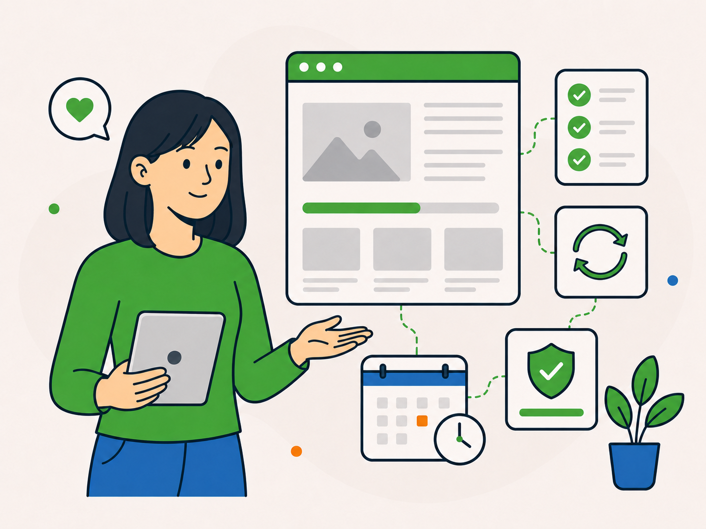 Person presenting a maintained website with care plan, update, and security icons.
