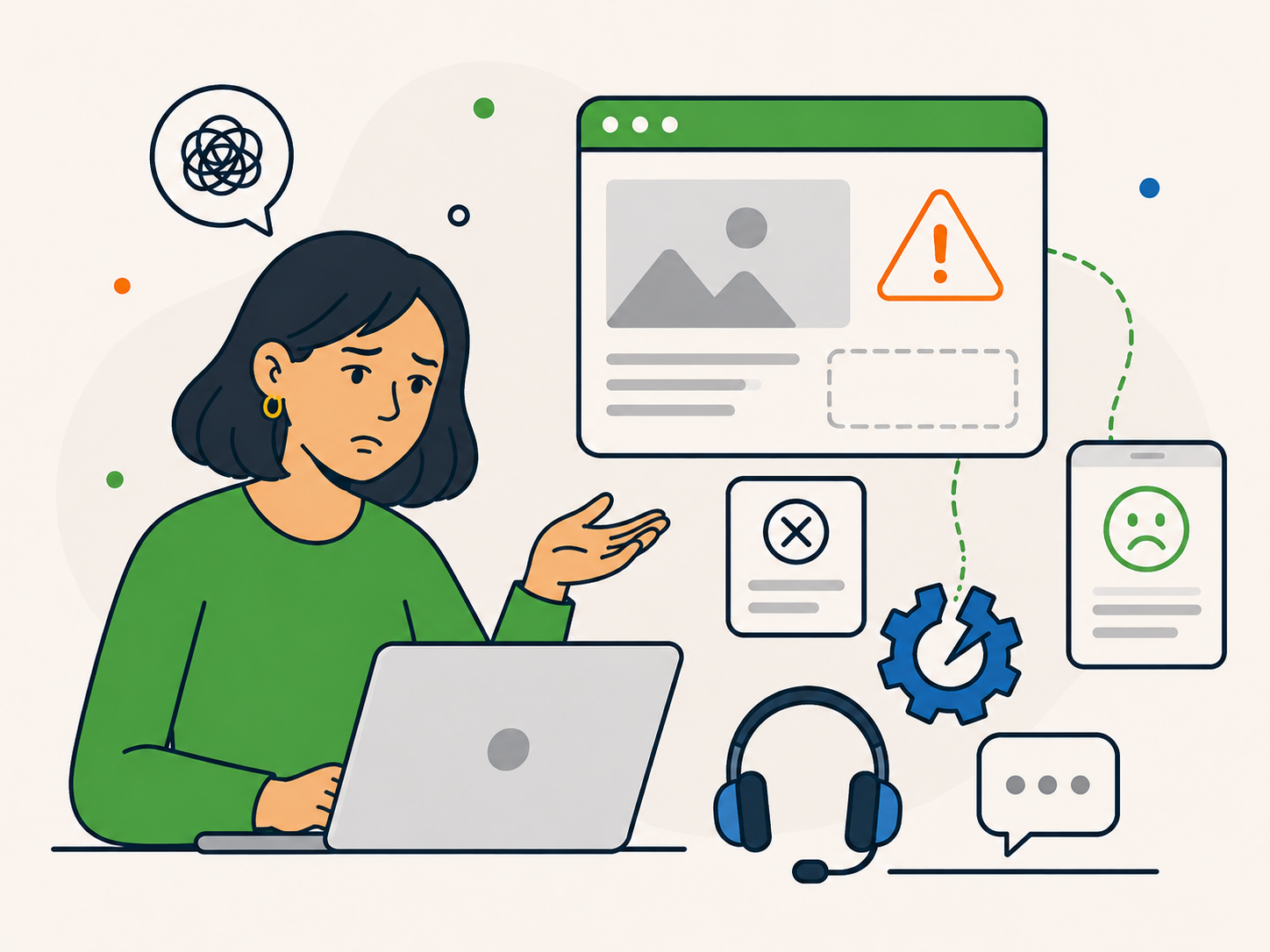 Person looking concerned at broken website elements and support icons.