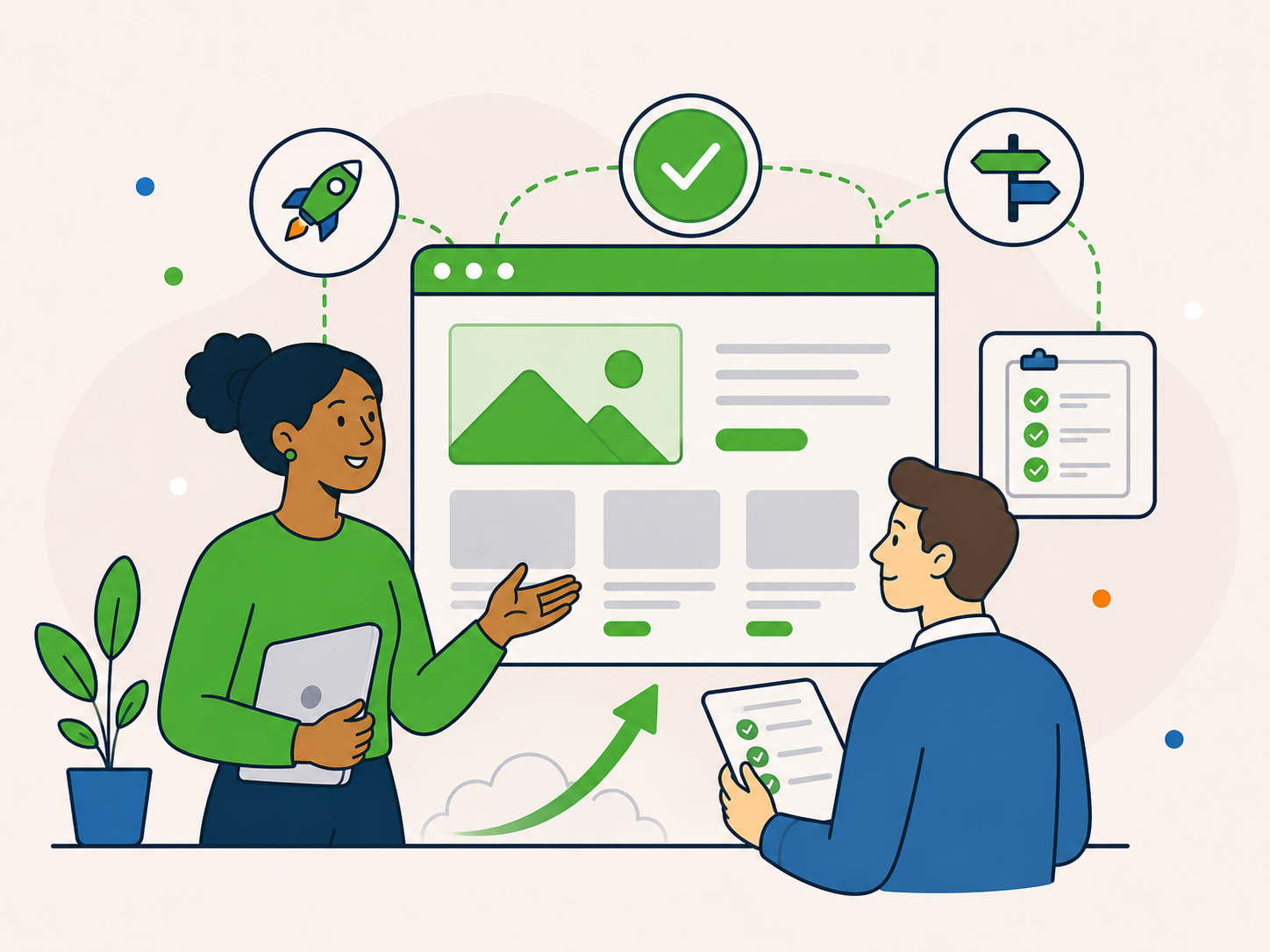 Website project handoff illustration showing a client and project specialist reviewing a website plan, checklist, and next-step path toward launch.