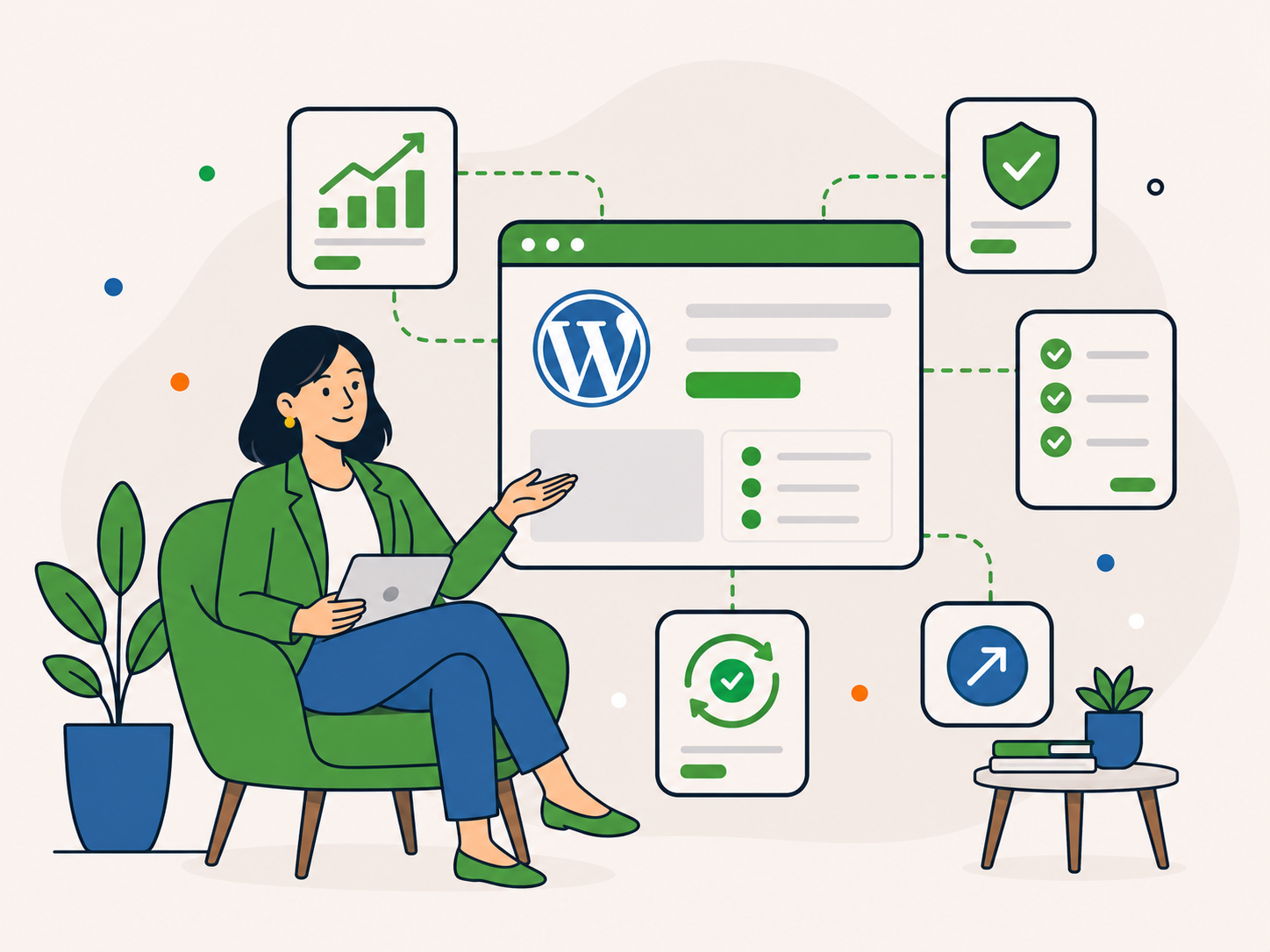 Confident business owner using a reliable WordPress website supported by security, maintenance and business growth systems.