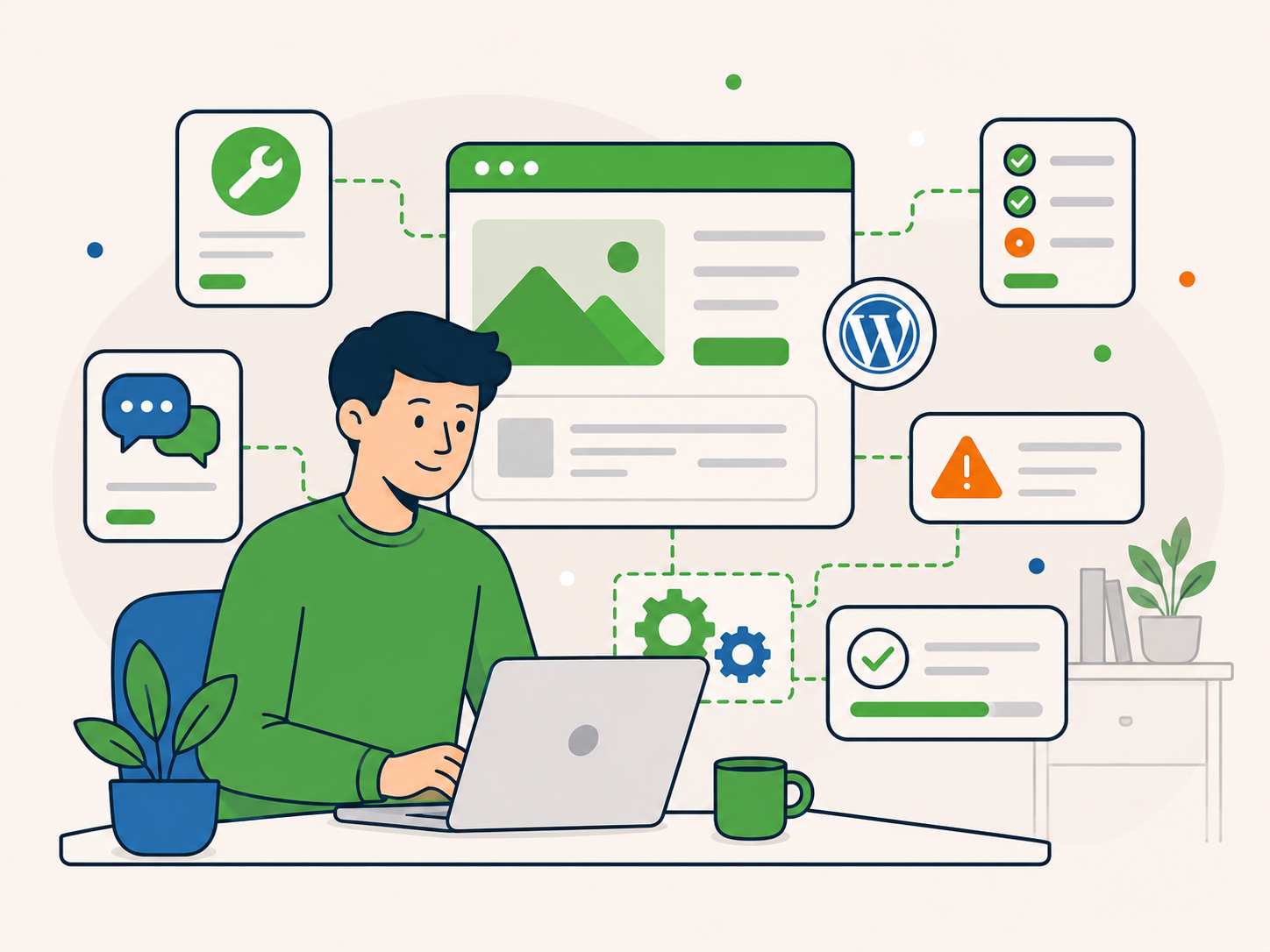 Illustration of a person working at a laptop with WordPress support panels, chat, tools, alerts, and task widgets connected around the screen.