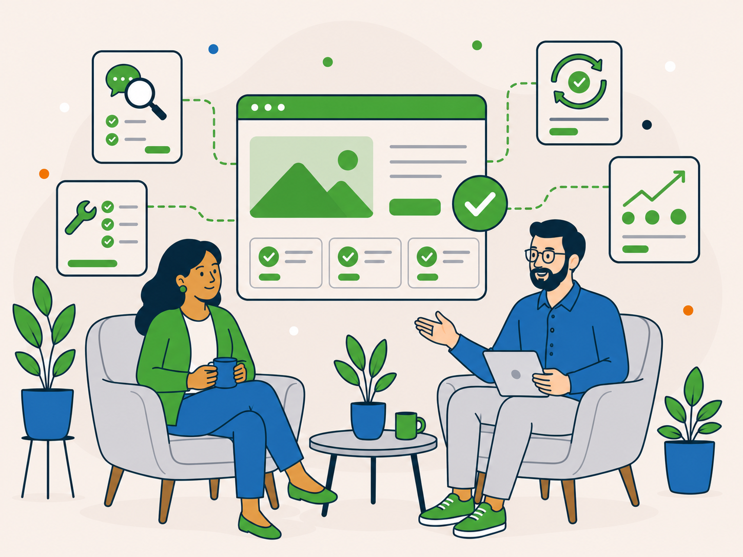 Illustration of a client and a Newt Labs support specialist in a calm consultation, with a website dashboard and connected icons showing clear thinking, practical support, dependable process, and ongoing improvement.