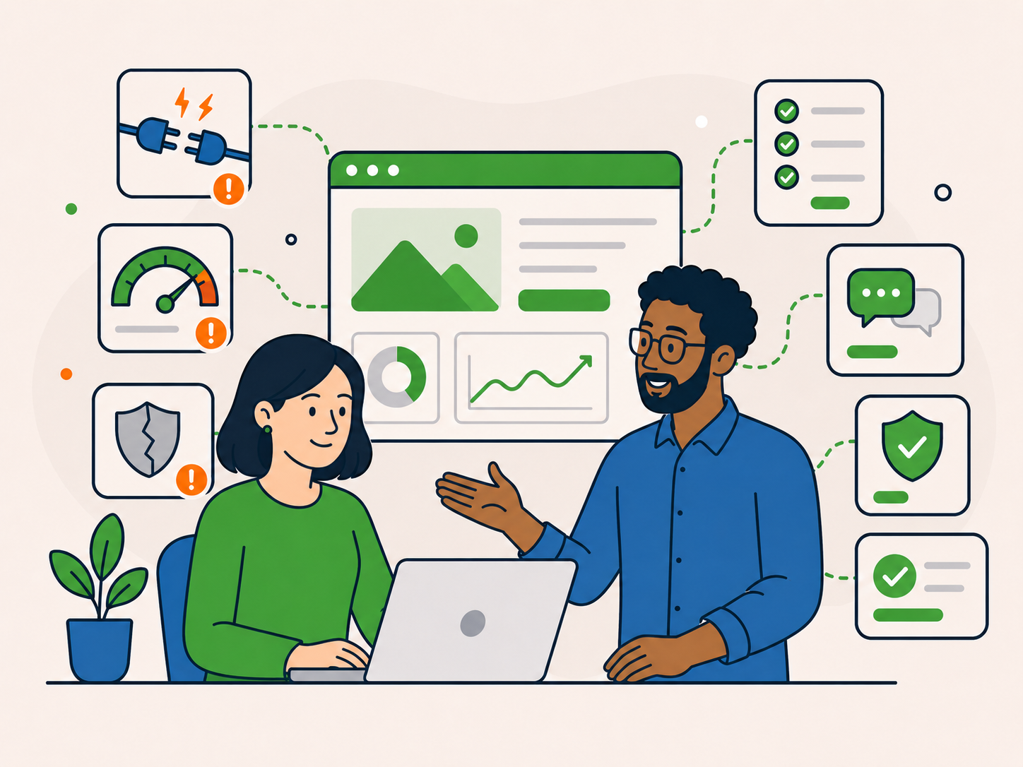 Business owner and WordPress support specialist reviewing website issues and resolved checks together on a dashboard.