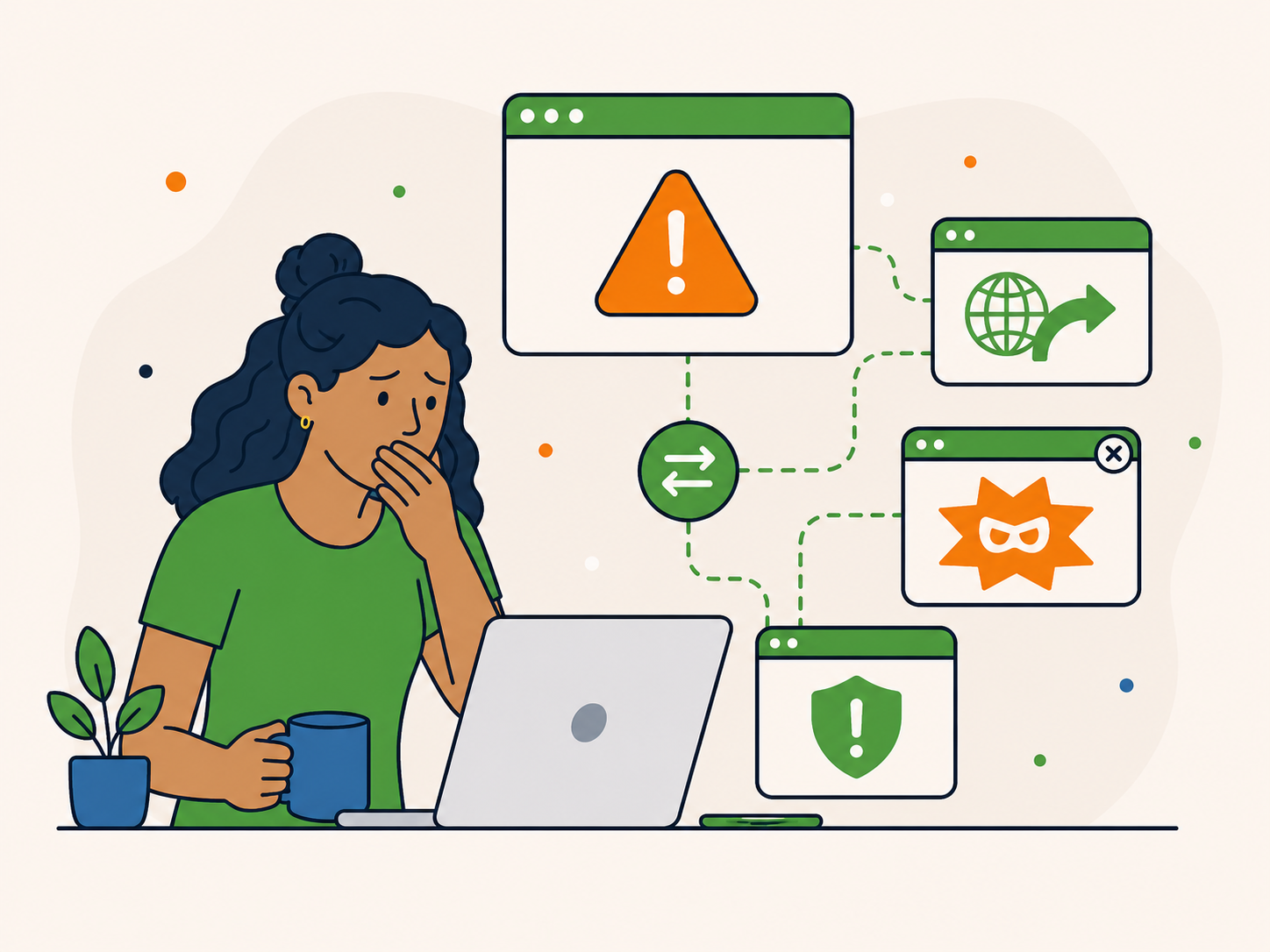 Illustration of a worried website owner at a laptop with warning popups, redirect arrows, spam alert, and security warning panels.