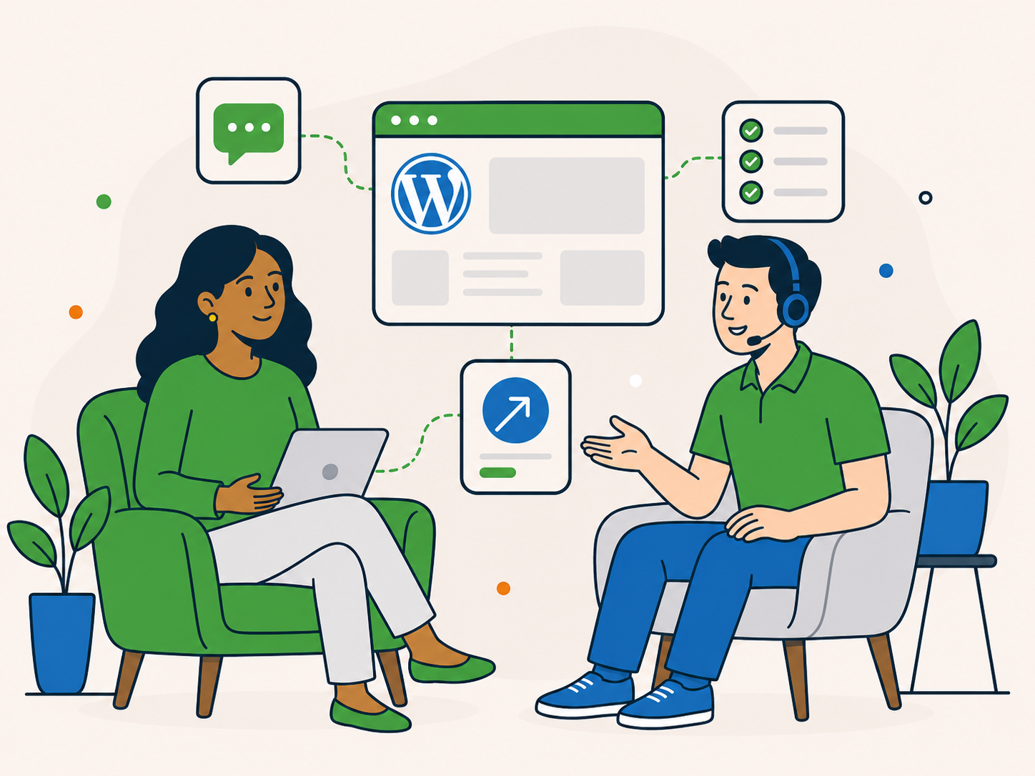 Customer discussing her WordPress website with a support adviser, with connected chat, website and next-step icons.