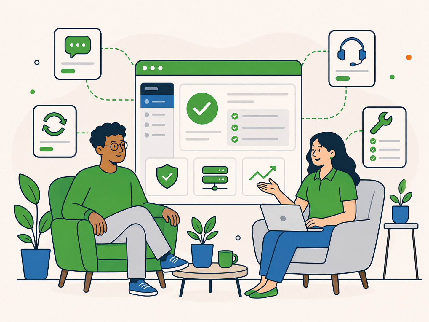 Illustration of a Newt Labs adviser explaining clear WordPress service terms to a customer, with connected icons representing support, maintenance, hosting, security, and one-off work.