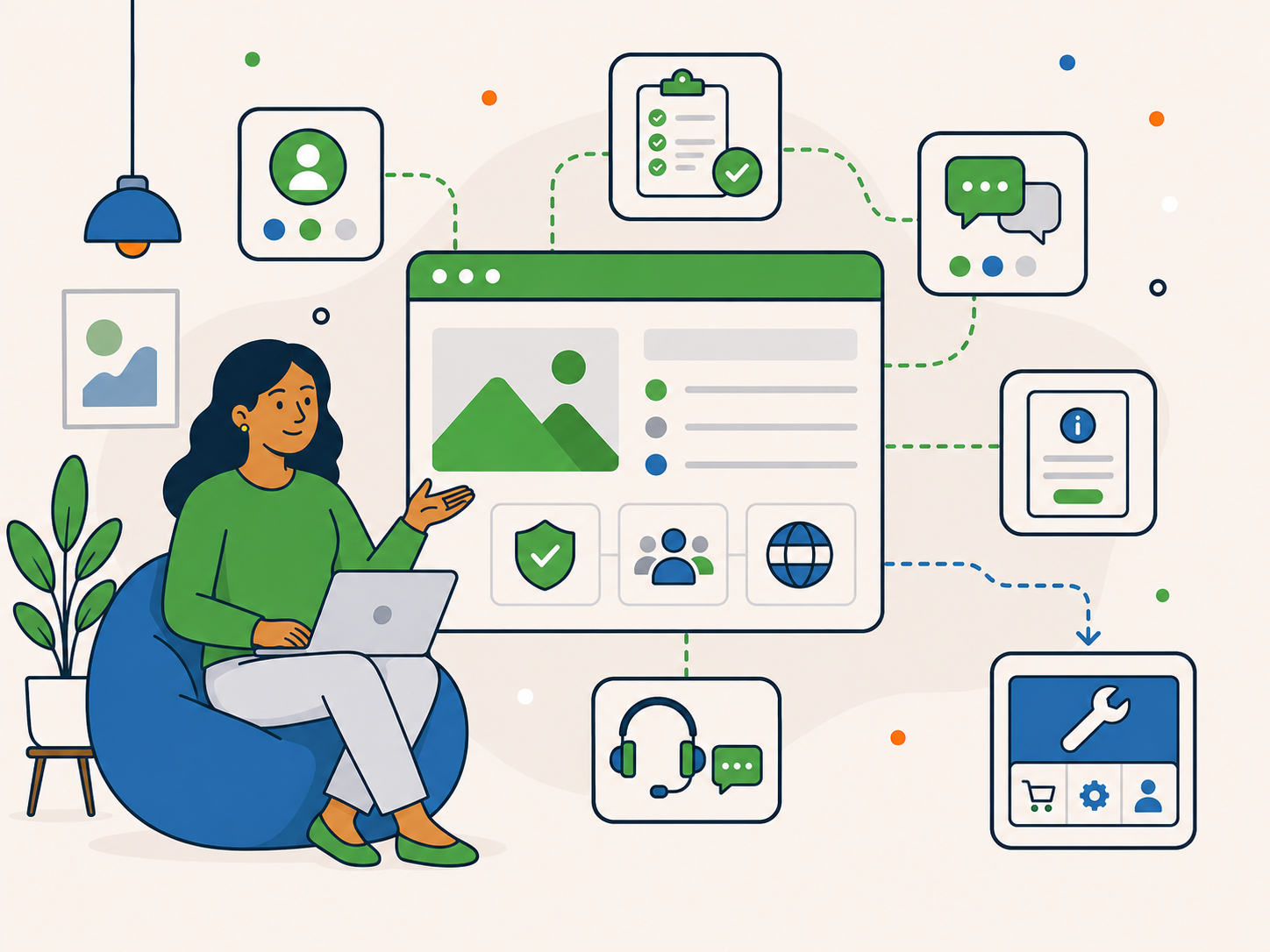 Illustration of a woman reviewing a website dashboard with connected cards showing user guidance, checklist, chat, information and support, representing clear website-use rules and legal navigation.