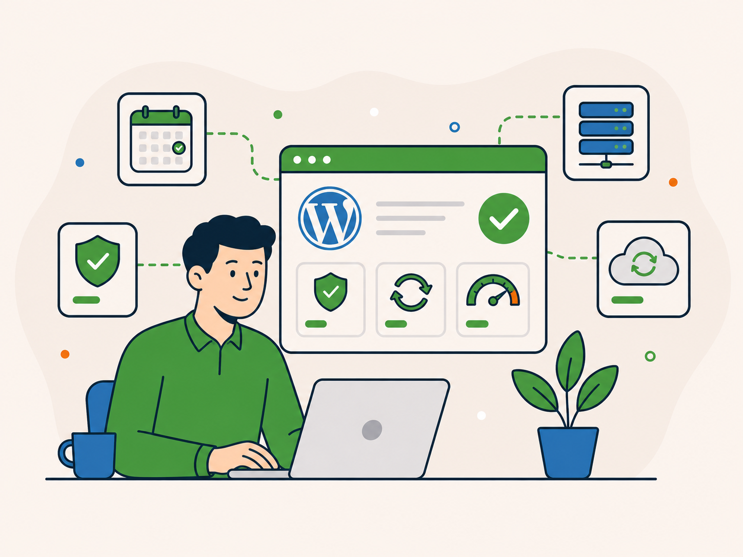 Business owner working confidently while WordPress maintenance, security, backups and monitoring are handled.