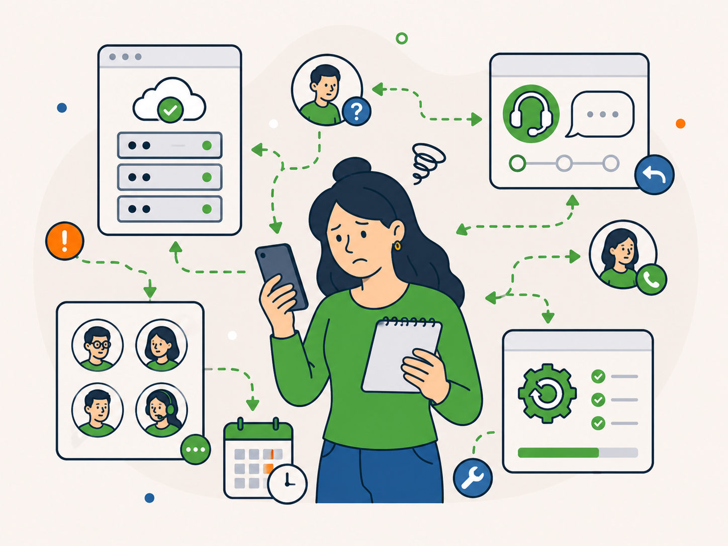 Illustration of a stressed woman holding a phone and notepad while multiple people, support, hosting, and maintenance systems are shown separately around her, making website management feel complicated.