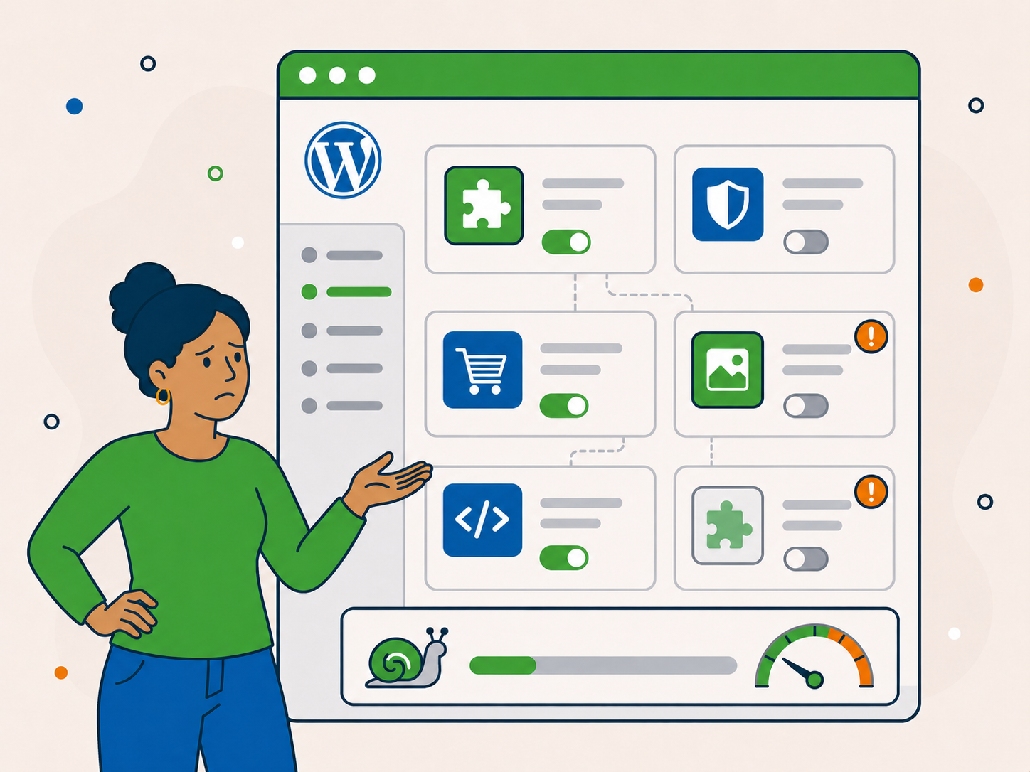 Website owner concerned about too many WordPress plugins and settings slowing down site performance.
