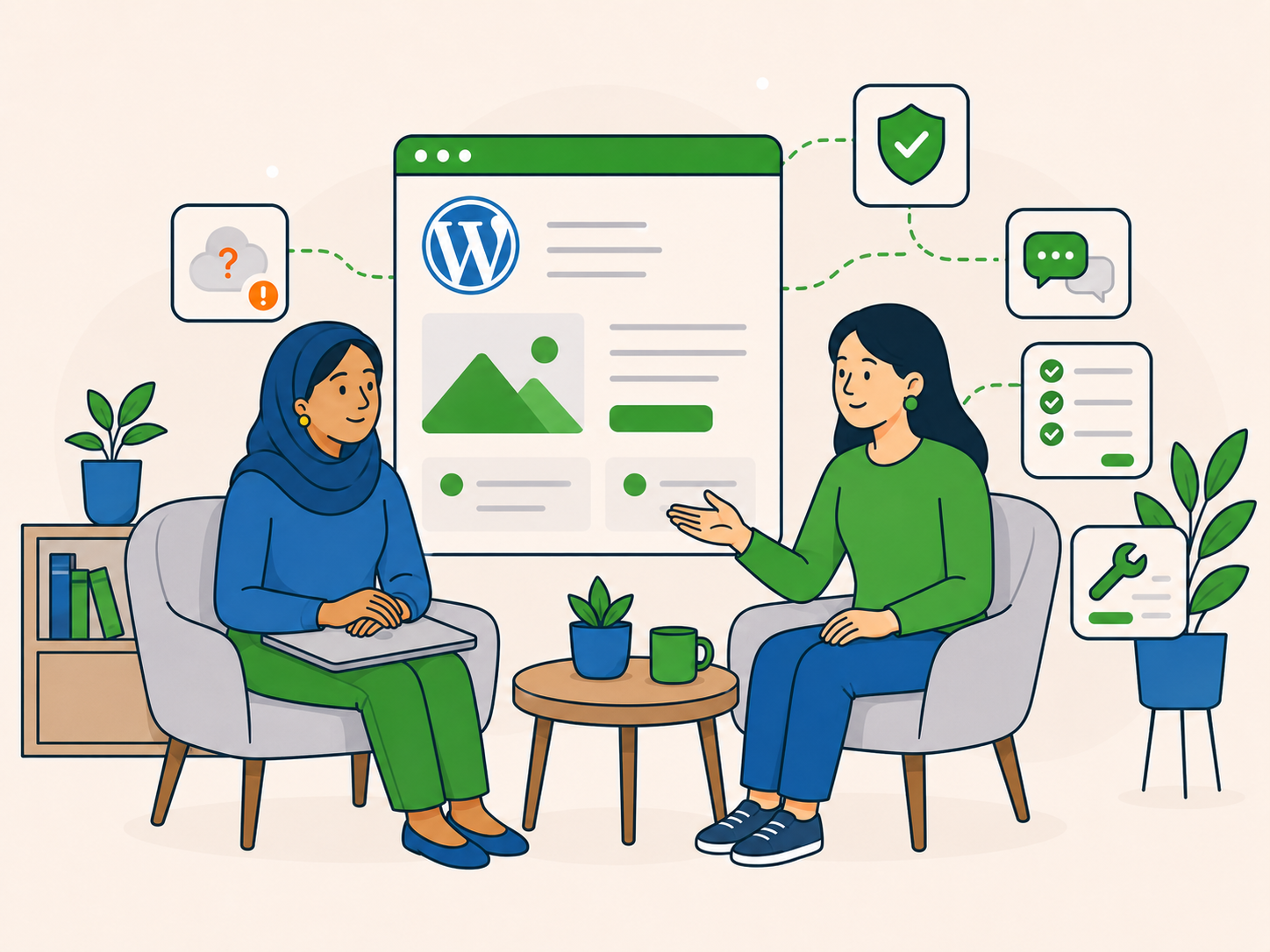 Business owner in a quiet support conversation, listening as a WordPress specialist offers calm guidance, with website, security, checklist, and support icons showing clearer and safer help.